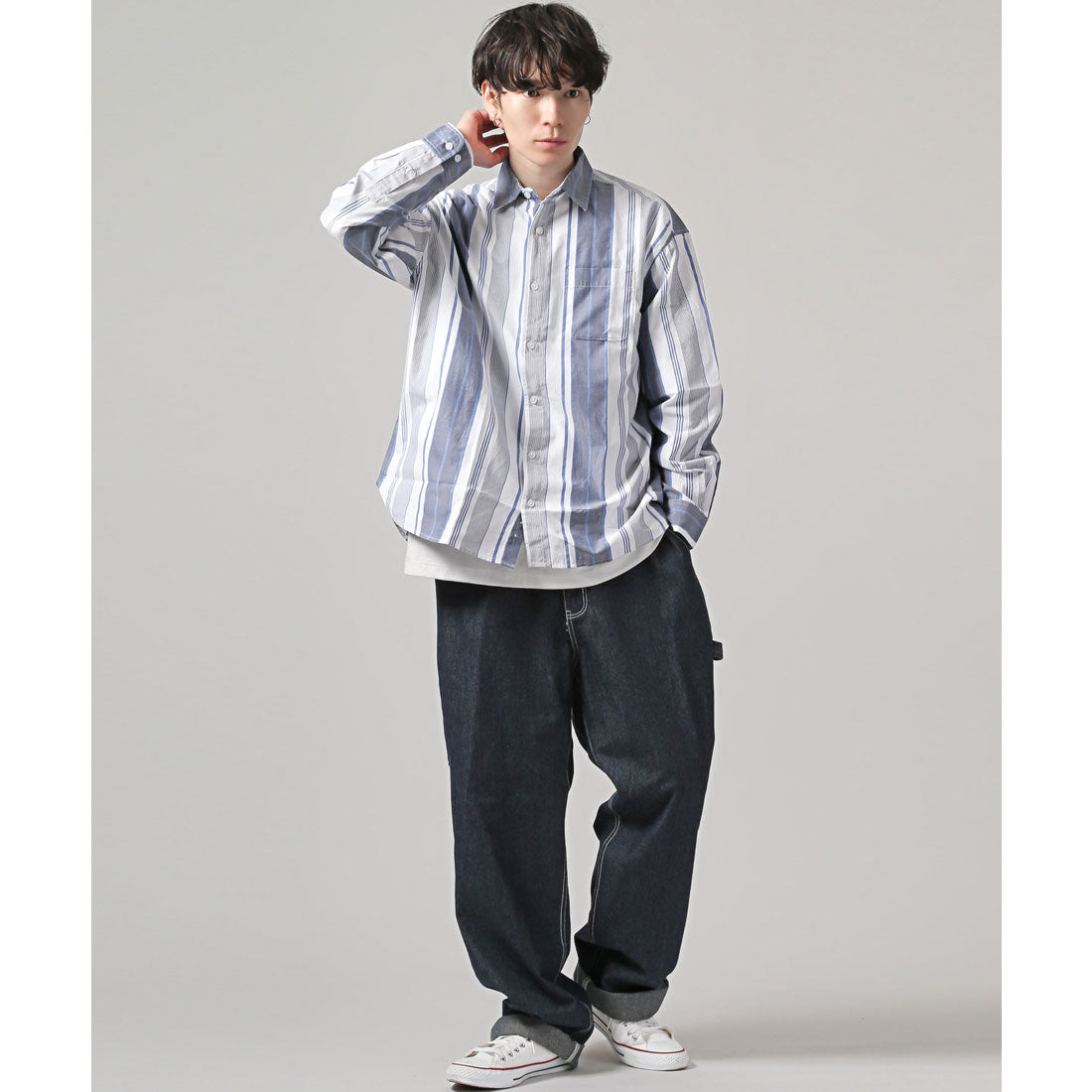 拉格風格 LUXSTYLE 總圖案常規領長袖襯衫/常規領 胸口袋 條紋 格子 總圖案 平紋布料