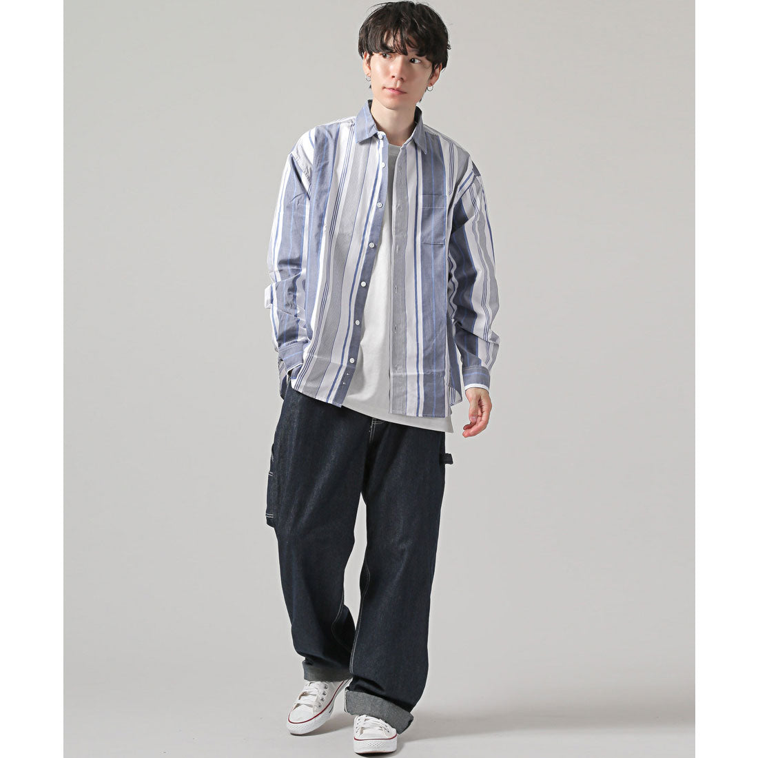 拉格風格 LUXSTYLE 總圖案常規領長袖襯衫/常規領 胸口袋 條紋 格子 總圖案 平紋布料