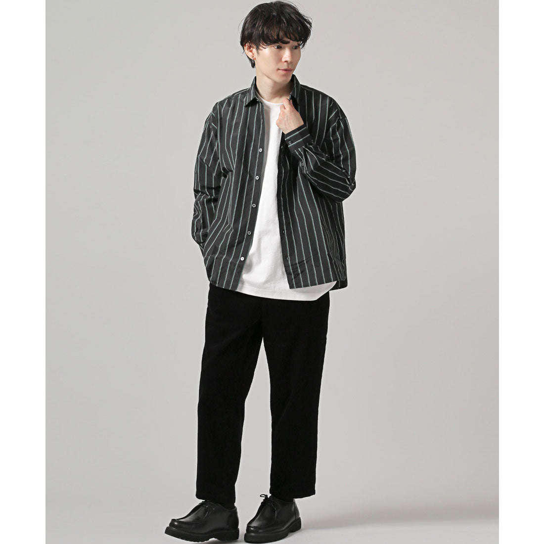 拉格風格 LUXSTYLE 總圖案常規領長袖襯衫/常規領 胸口袋 條紋 格子 總圖案 平紋布料