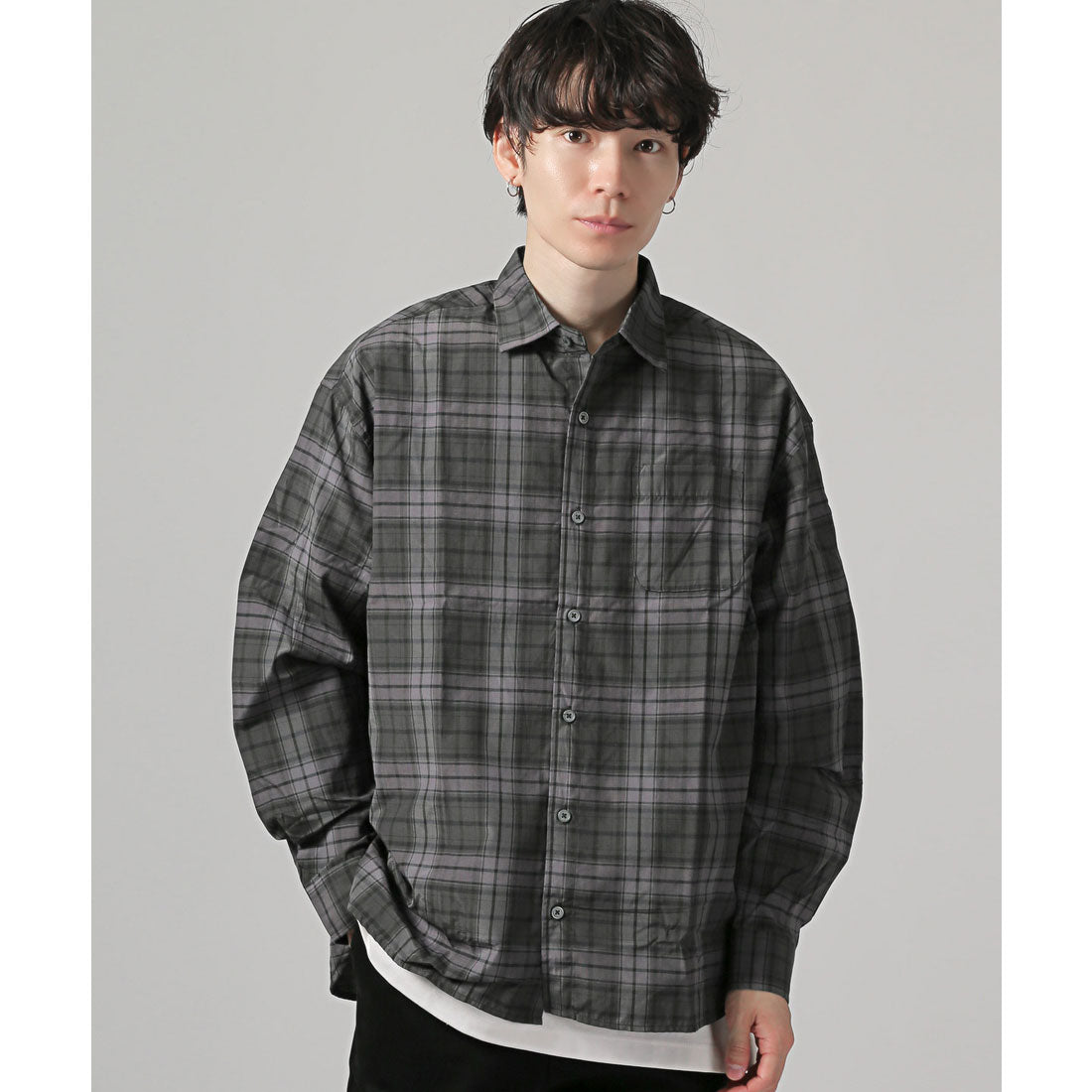 拉格風格 LUXSTYLE 總圖案常規領長袖襯衫/常規領 胸口袋 條紋 格子 總圖案 平紋布料