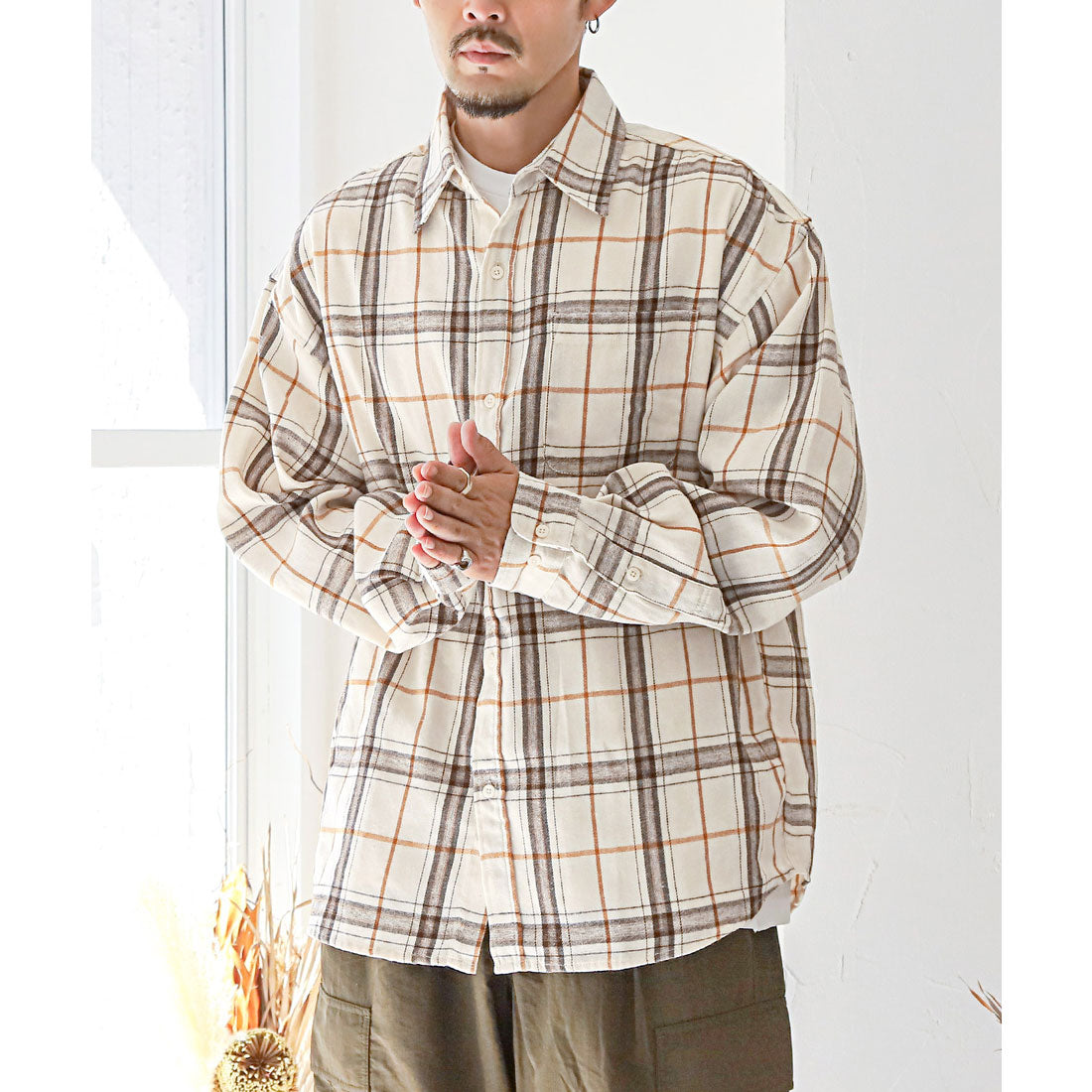 ラグスタイル LUXSTYLE 長袖先染めチェック柄ネルシャツ/チェック柄 先染め レギュラーカラー 秋服 春服 胸ポケット オーバーサイズ