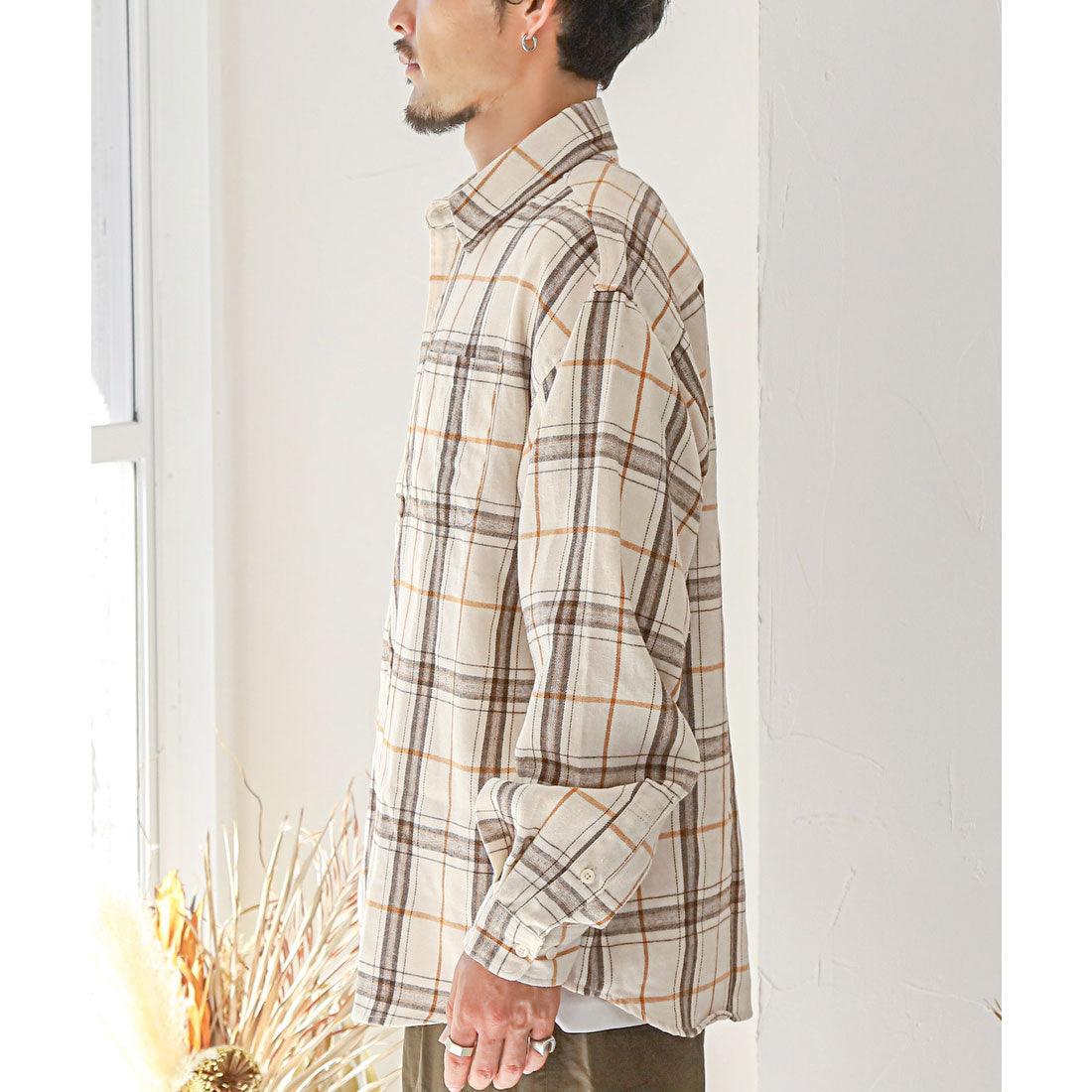 ラグスタイル LUXSTYLE 長袖先染めチェック柄ネルシャツ/チェック柄 先染め レギュラーカラー 秋服 春服 胸ポケット オーバーサイズ