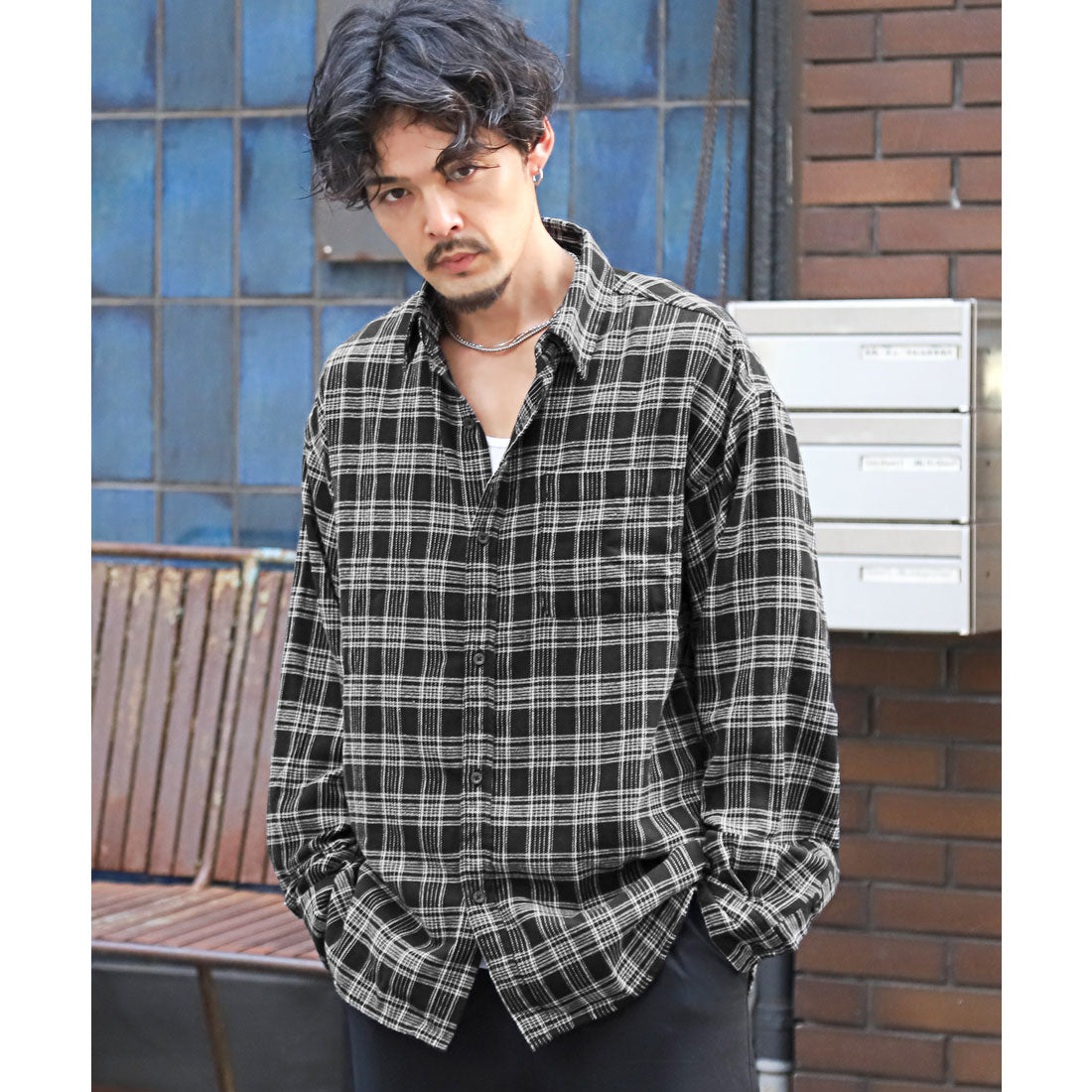 ラグスタイル LUXSTYLE 長袖先染めチェック柄ネルシャツ/チェック柄 先染め レギュラーカラー 秋服 春服 胸ポケット オーバーサイズ