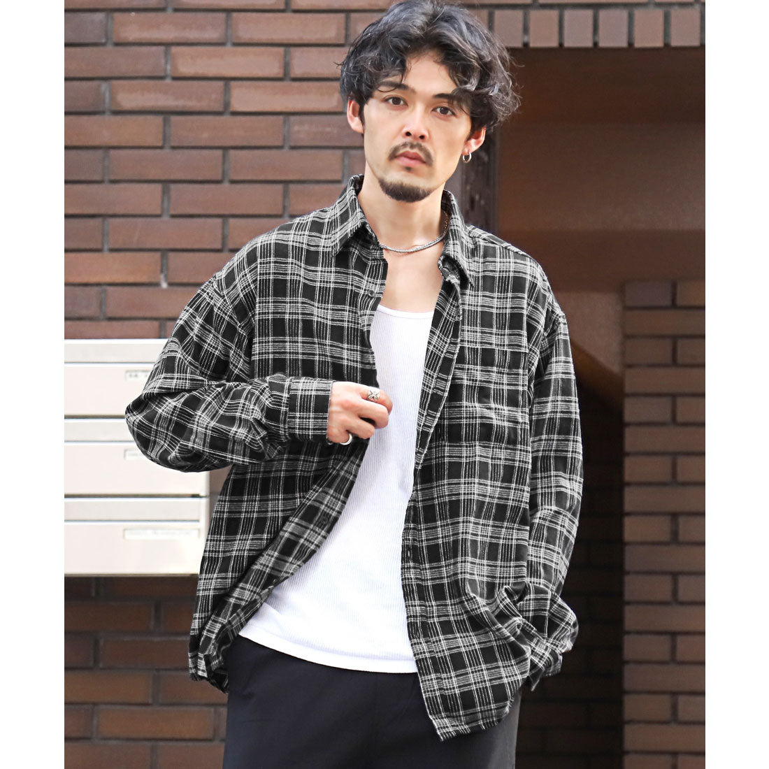 ラグスタイル LUXSTYLE 長袖先染めチェック柄ネルシャツ/チェック柄 先染め レギュラーカラー 秋服 春服 胸ポケット オーバーサイズ