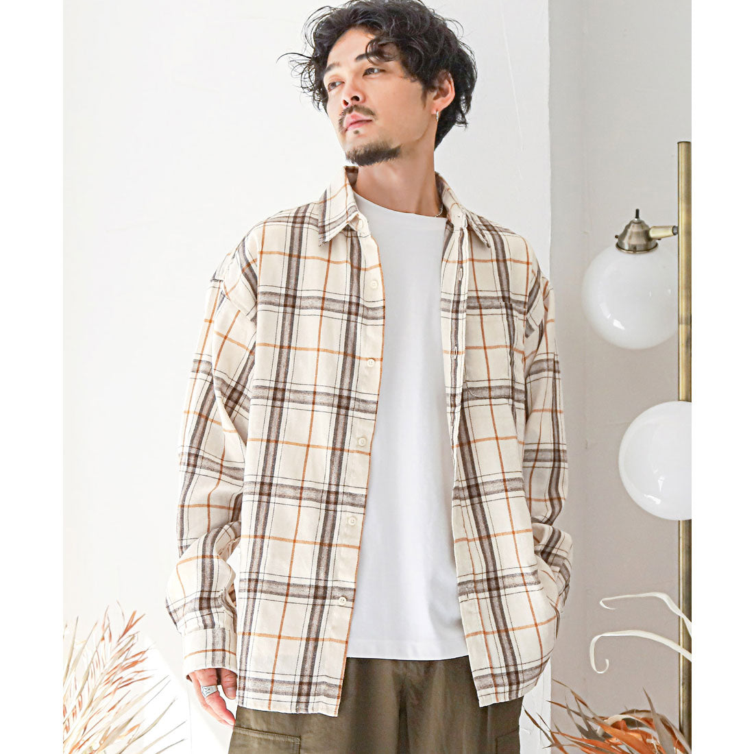 ラグスタイル LUXSTYLE 長袖先染めチェック柄ネルシャツ/チェック柄 先染め レギュラーカラー 秋服 春服 胸ポケット オーバーサイズ