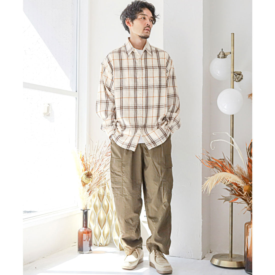 ラグスタイル LUXSTYLE 長袖先染めチェック柄ネルシャツ/チェック柄 先染め レギュラーカラー 秋服 春服 胸ポケット オーバーサイズ