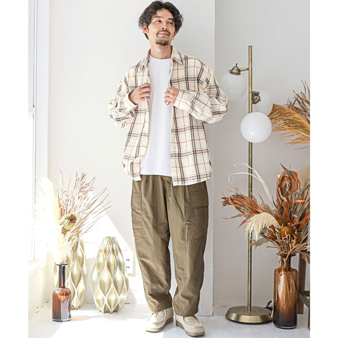 ラグスタイル LUXSTYLE 長袖先染めチェック柄ネルシャツ/チェック柄 先染め レギュラーカラー 秋服 春服 胸ポケット オーバーサイズ