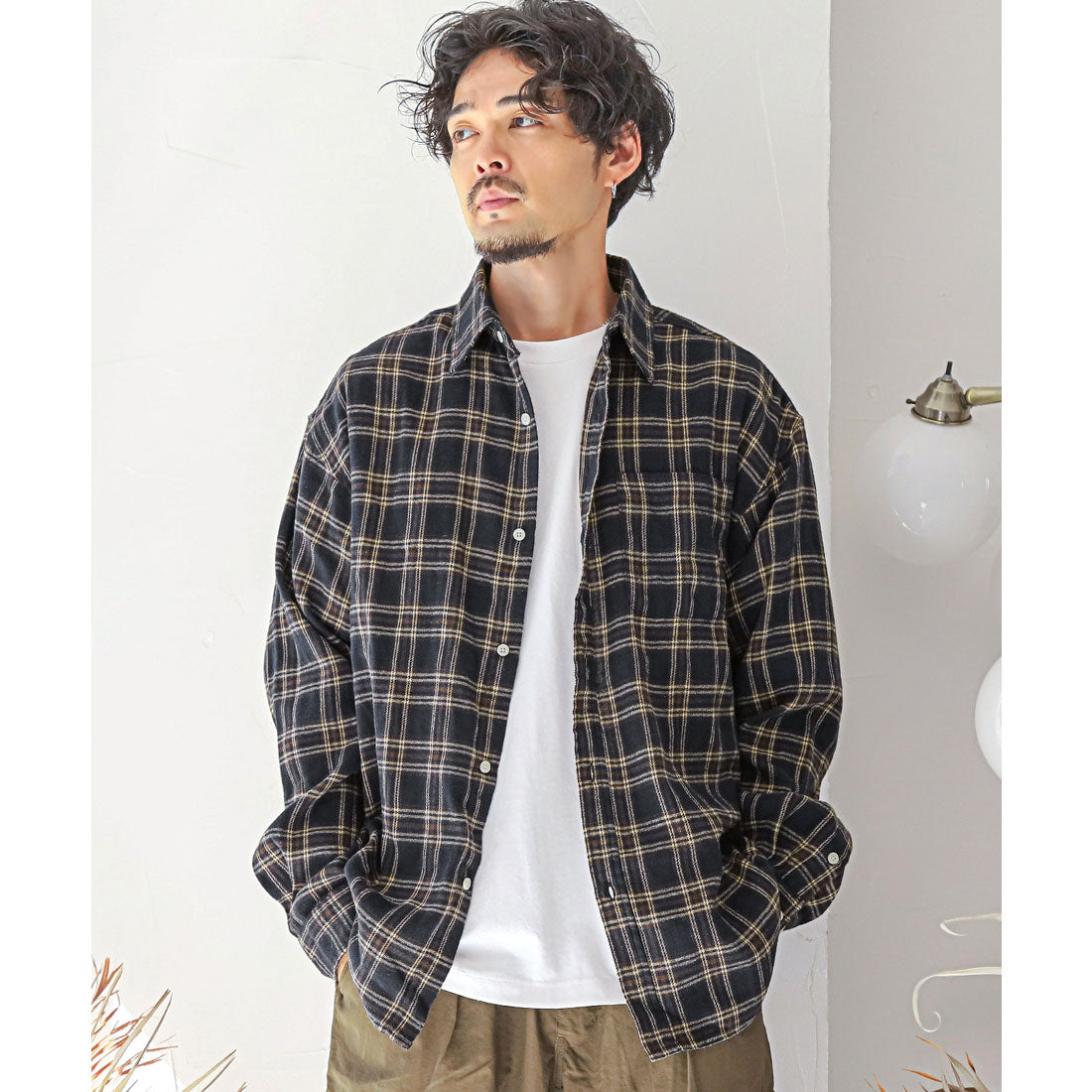 ラグスタイル LUXSTYLE 長袖先染めチェック柄ネルシャツ/チェック柄 先染め レギュラーカラー 秋服 春服 胸ポケット オーバーサイズ