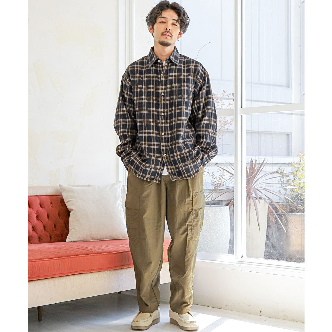 ラグスタイル LUXSTYLE 長袖先染めチェック柄ネルシャツ/チェック柄 先染め レギュラーカラー 秋服 春服 胸ポケット オーバーサイズ