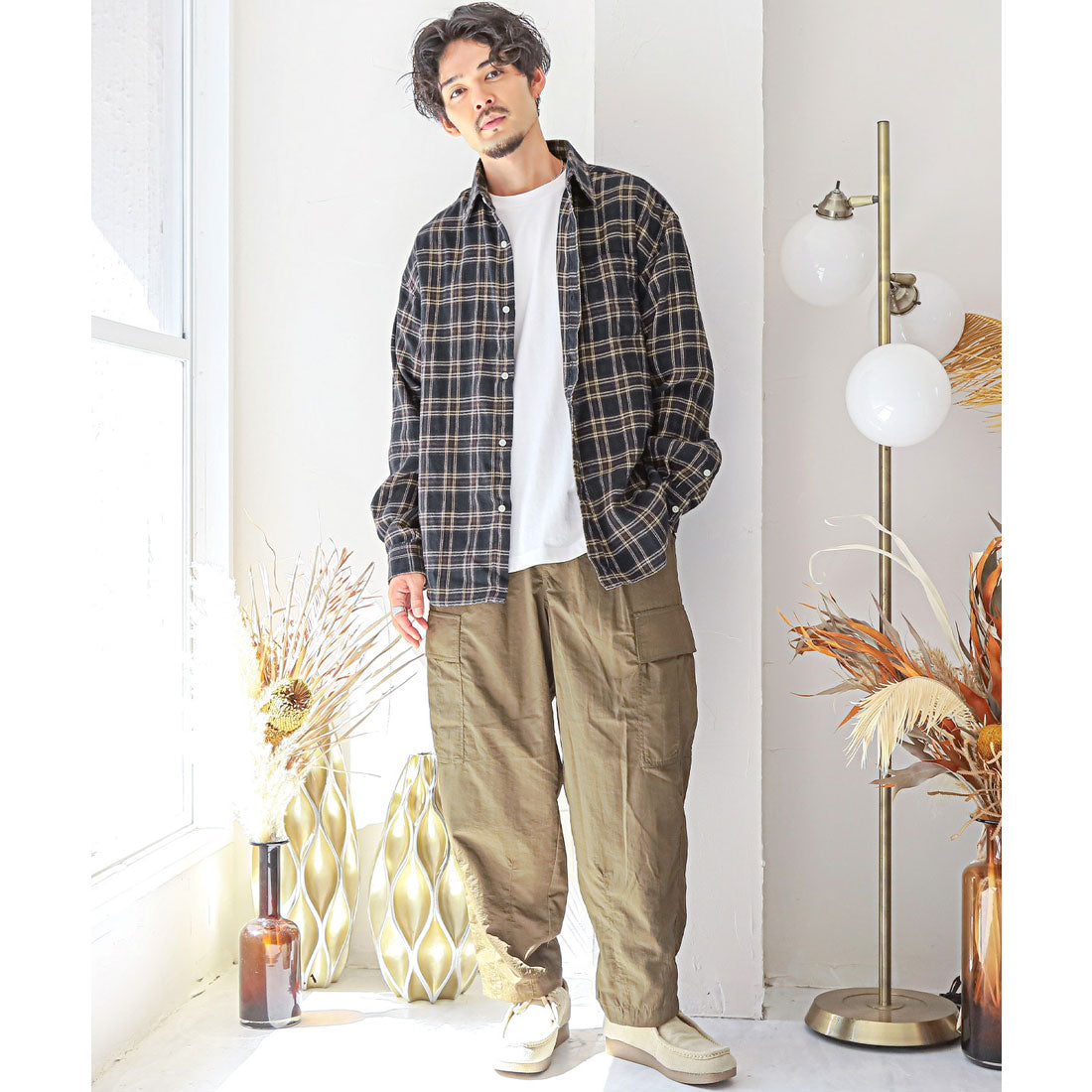 ラグスタイル LUXSTYLE 長袖先染めチェック柄ネルシャツ/チェック柄 先染め レギュラーカラー 秋服 春服 胸ポケット オーバーサイズ