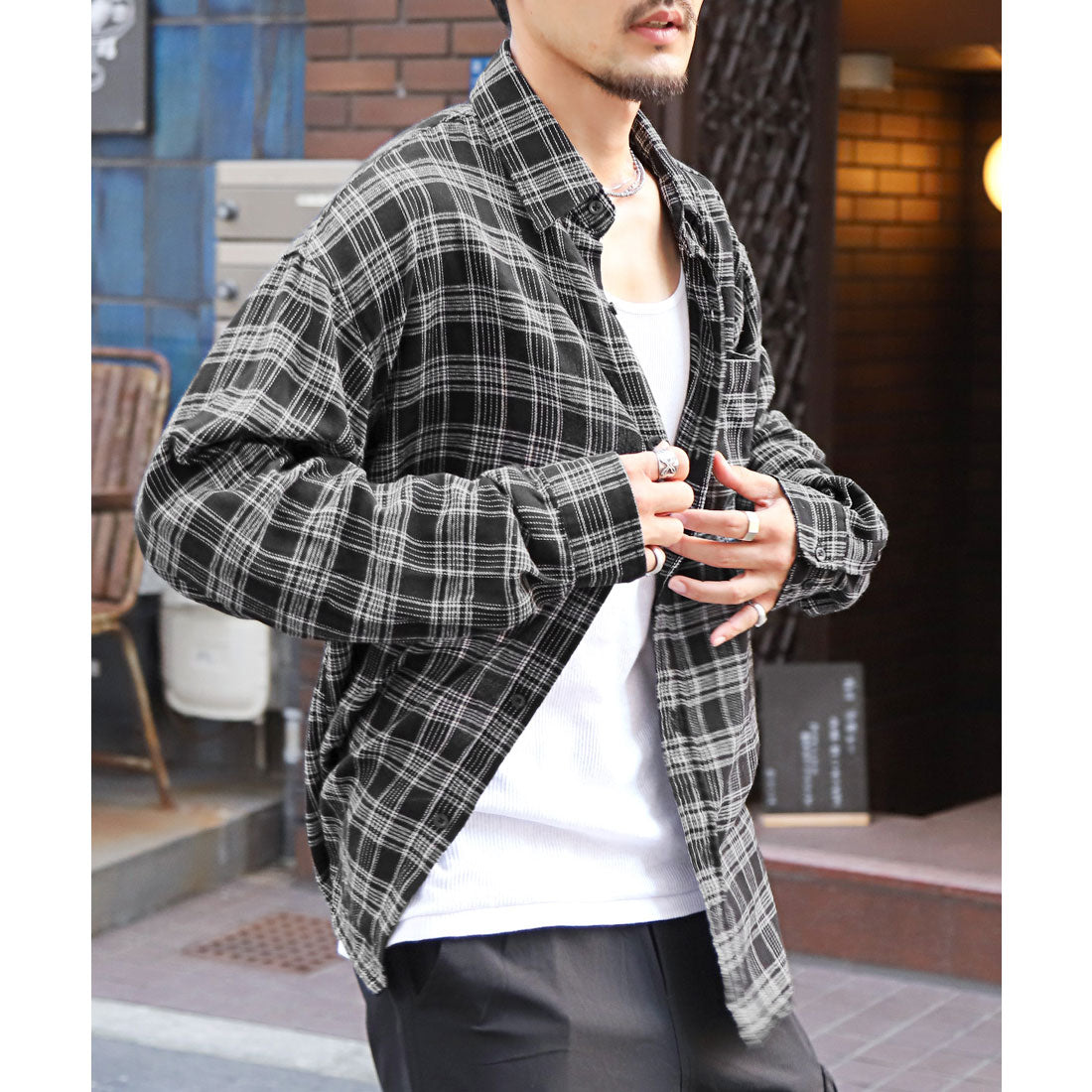 ラグスタイル LUXSTYLE 長袖先染めチェック柄ネルシャツ/チェック柄 先染め レギュラーカラー 秋服 春服 胸ポケット オーバーサイズ