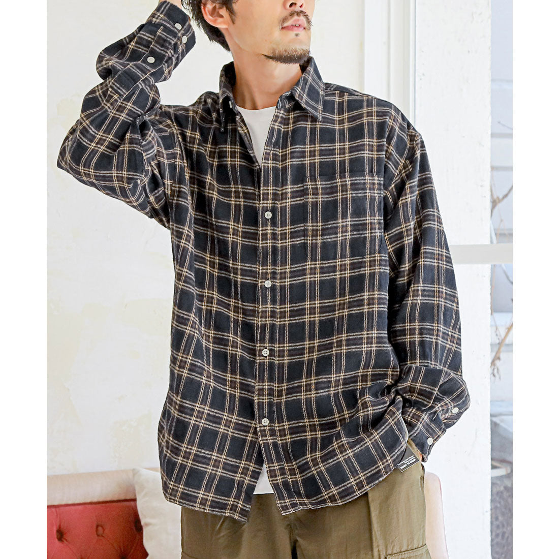 ラグスタイル LUXSTYLE 長袖先染めチェック柄ネルシャツ/チェック柄 先染め レギュラーカラー 秋服 春服 胸ポケット オーバーサイズ