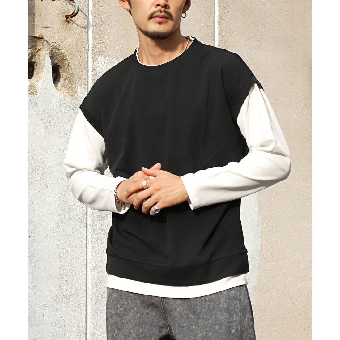 LUXSTYLE Plain Fake Layered Long Sleeve T-Shirt / Fake Layered Layering Large Size UV Cut Stretch Dry Quick Dry