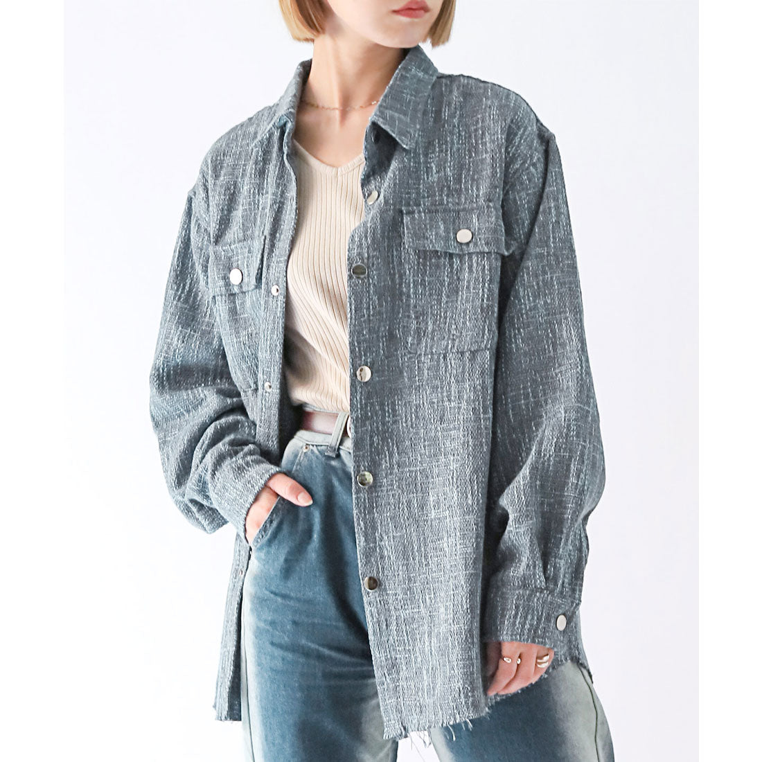 LUXSTYLE Rag Style Tweed Overshirt Jacket/CPO Jacket Light Outerwear Blouson Spring Autumn Tweed Big Silhouette