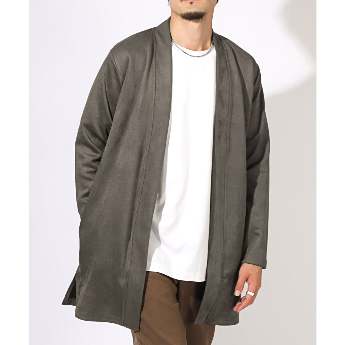 ラグスタイル LUXSTYLE スエードロングカーディガン/コーディガン ガウン スエード 起毛 ロング丈 長袖 春 秋 ショールカラー ボタンレス 無地