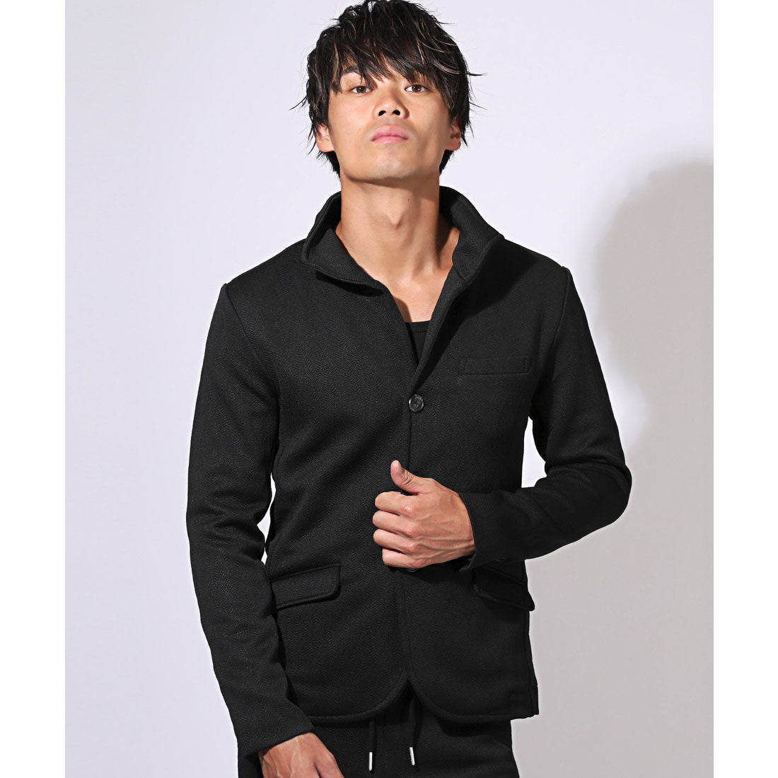 LUXSTYLE Bernings Sho Fuku Re Chevron Pattern Italian Collar Jacket / Men's Tailored Jacket Plain Stretch