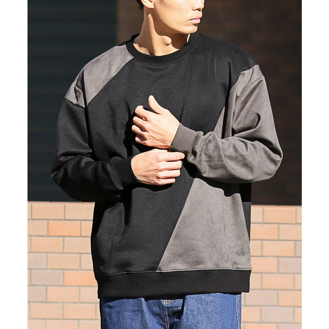 ラグスタイル LUXSTYLE ポリスエードポンチ異素材切替トレーナー/スウェット 長袖 ポンチ スエード 切り替え 秋 冬 春 大きいサイズ オーバーサイズ