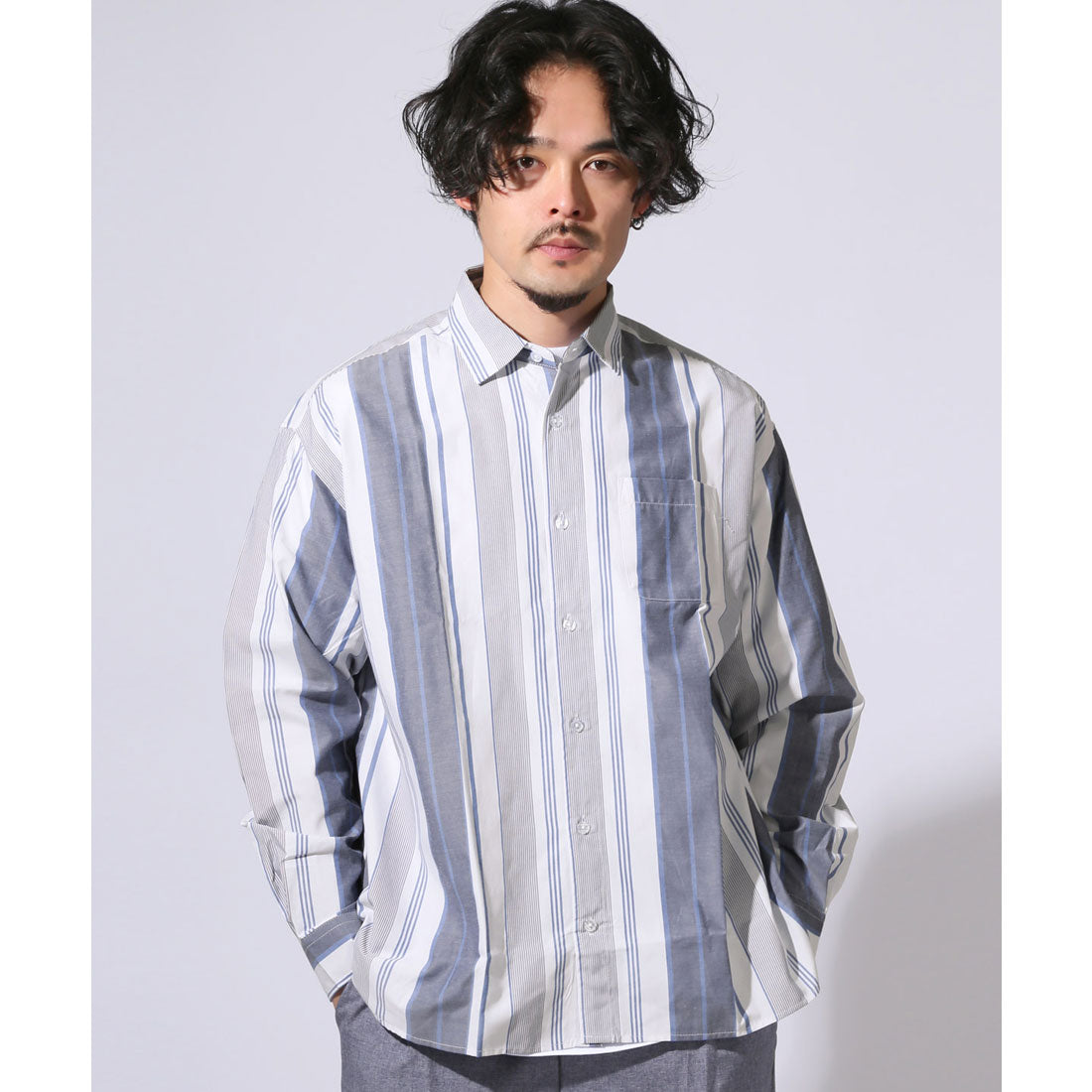 ラグスタイル LUXSTYLE 総柄ワイドシルエット長袖シャツ/シャツ 長袖 Yシャツ ワイシャツ カジュアルシャツ チェックシャツ メンズ チェック柄 ストライプ柄 総柄 柄シャツ (C) C