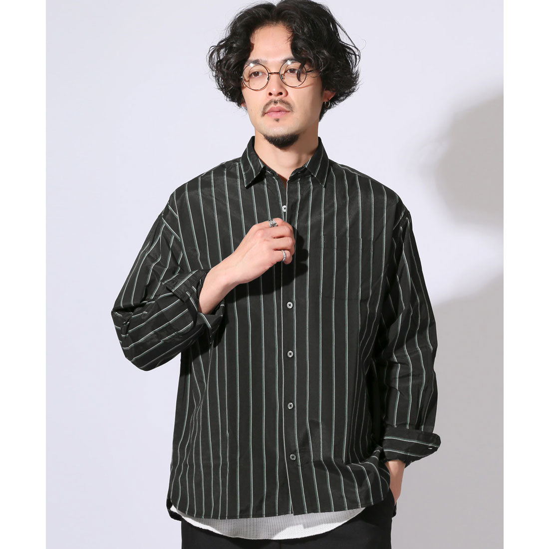 ラグスタイル LUXSTYLE 総柄ワイドシルエット長袖シャツ/シャツ 長袖 Yシャツ ワイシャツ カジュアルシャツ チェックシャツ メンズ チェック柄 ストライプ柄 総柄 柄シャツ (C) C