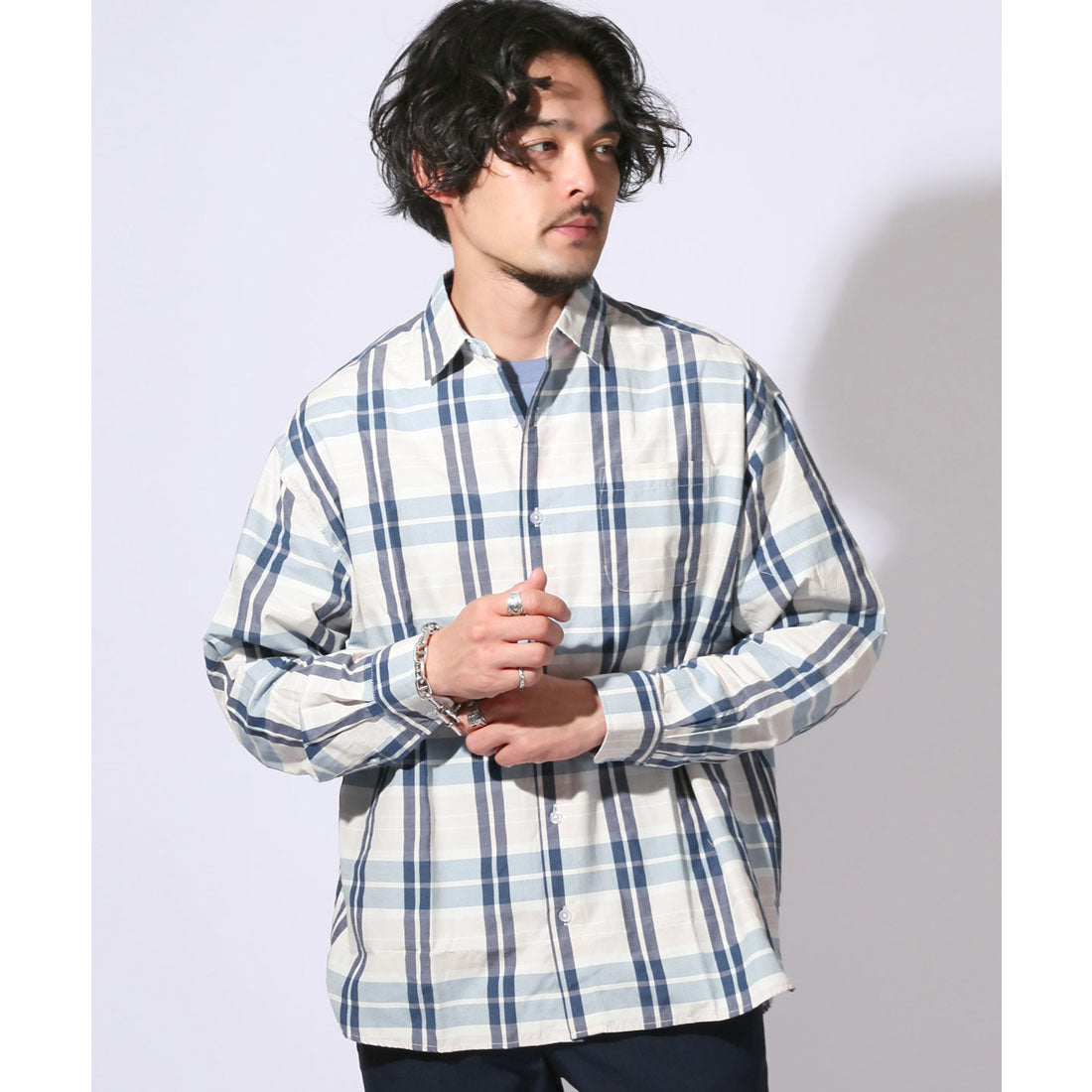 ラグスタイル LUXSTYLE 総柄ワイドシルエット長袖シャツ/シャツ 長袖 Yシャツ ワイシャツ カジュアルシャツ チェックシャツ メンズ チェック柄 ストライプ柄 総柄 柄シャツ (C) C