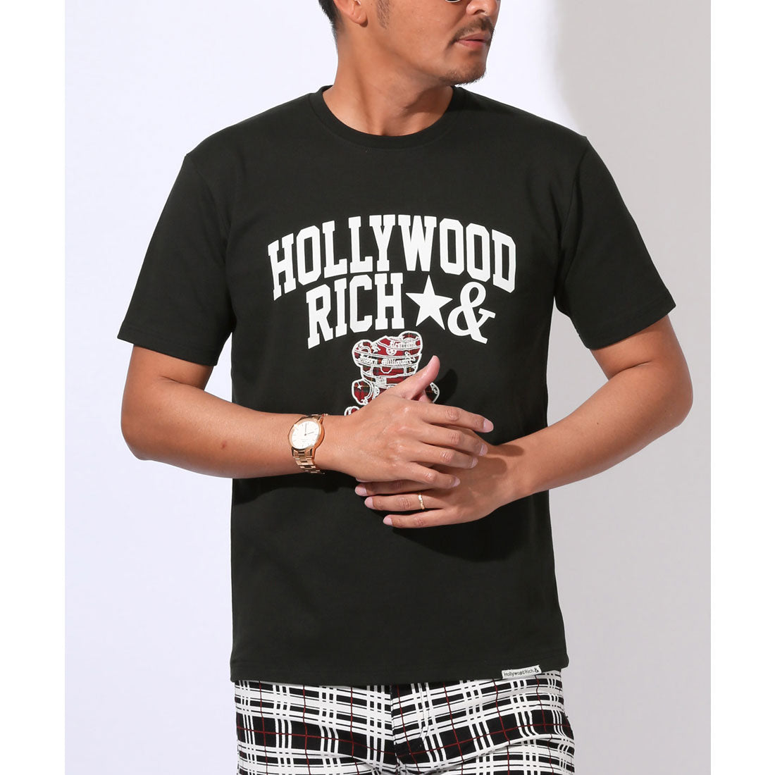 ラグスタイル LUXSTYLE Hollywood rich.&(ハリウッドリッチドットアンド)ロゴプリントベアアップリケ半袖Tシャツ/トップス カットソー メンズ 刺繍 アップリケ タータンチェック クマ テディベア (ブラック) ブラック