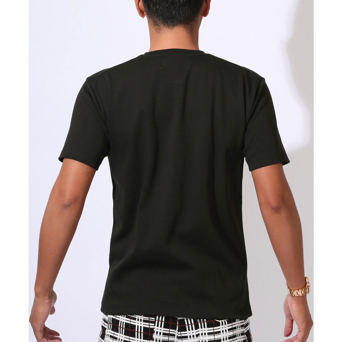 ラグスタイル LUXSTYLE Hollywood rich.&(ハリウッドリッチドットアンド)ロゴプリントベアアップリケ半袖Tシャツ/トップス カットソー メンズ 刺繍 アップリケ タータンチェック クマ テディベア (ブラック) ブラック