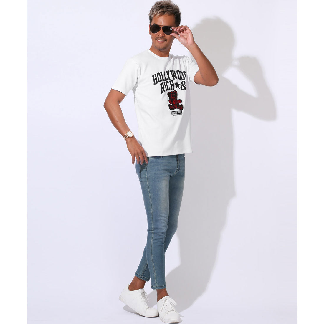 ラグスタイル LUXSTYLE Hollywood rich.&(ハリウッドリッチドットアンド)ロゴプリントベアアップリケ半袖Tシャツ/トップス カットソー メンズ 刺繍 アップリケ タータンチェック クマ テディベア (ブラック) ブラック