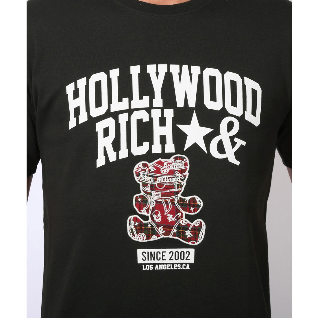 ラグスタイル LUXSTYLE Hollywood rich.&(ハリウッドリッチドットアンド)ロゴプリントベアアップリケ半袖Tシャツ/トップス カットソー メンズ 刺繍 アップリケ タータンチェック クマ テディベア (ブラック) ブラック