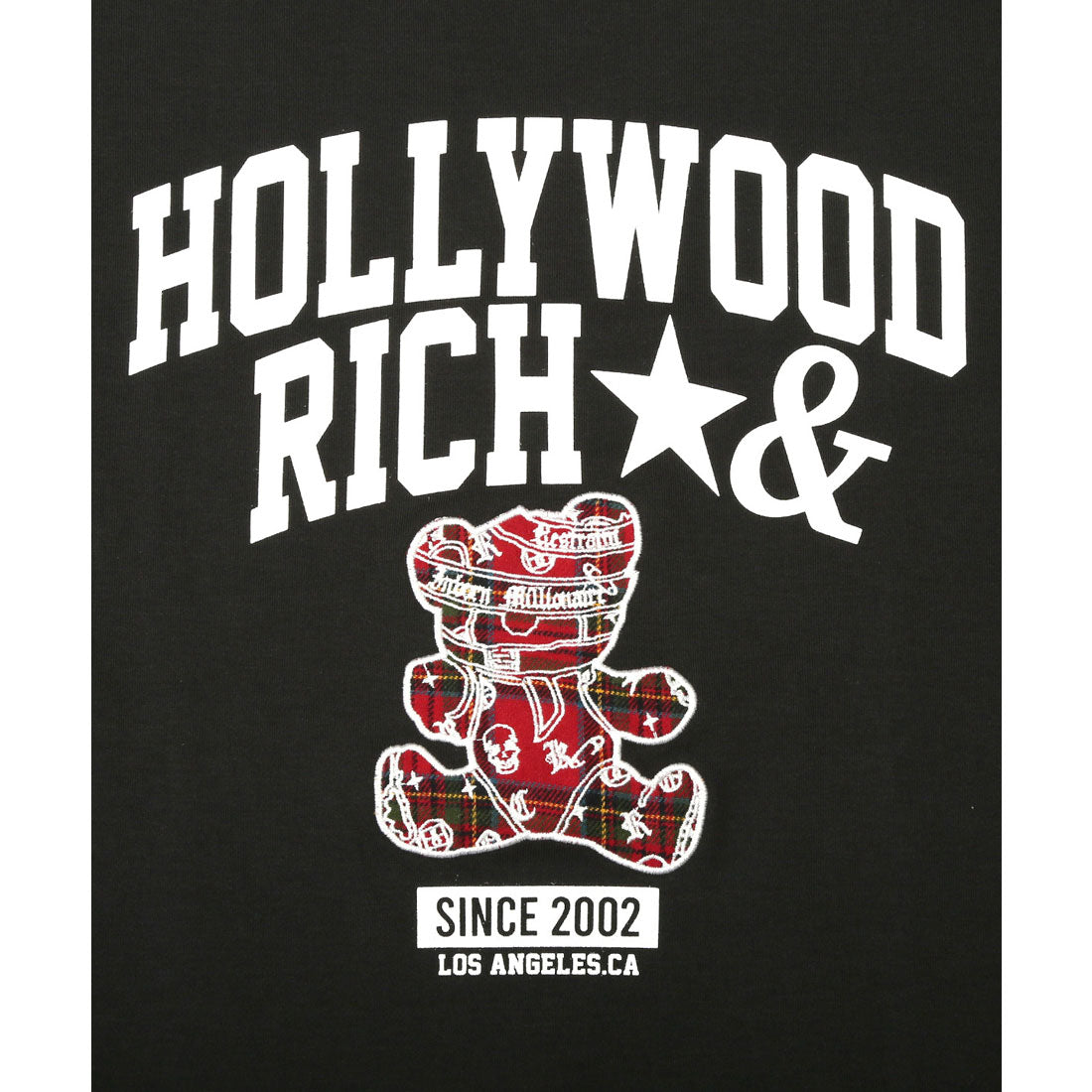 ラグスタイル LUXSTYLE Hollywood rich.&(ハリウッドリッチドットアンド)ロゴプリントベアアップリケ半袖Tシャツ/トップス カットソー メンズ 刺繍 アップリケ タータンチェック クマ テディベア (ブラック) ブラック