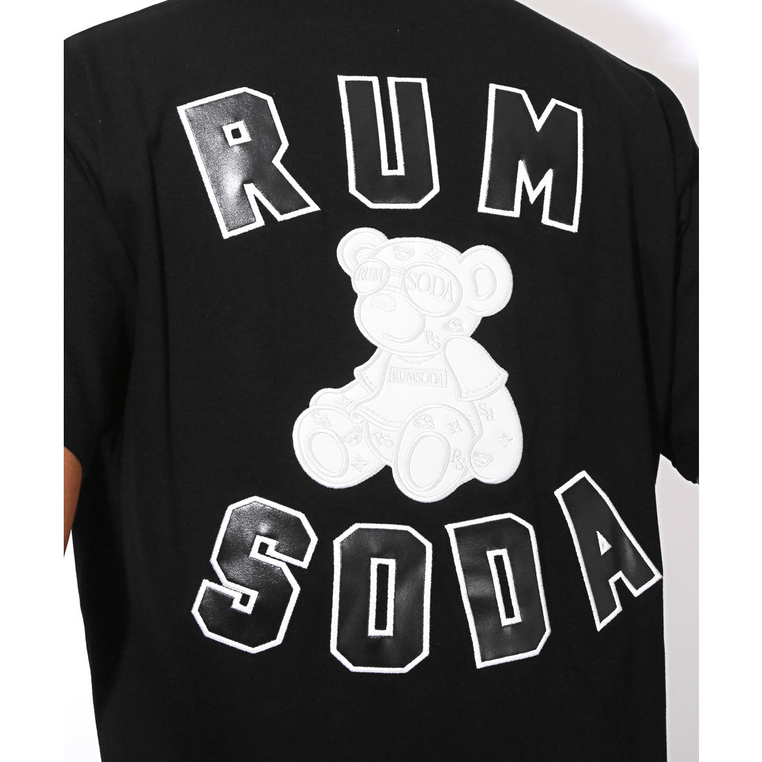 ラグスタイル LUXSTYLE RUMSODA(ラムソーダ)天竺合皮アップリケ半袖Tシャツ/トップス カットソー メンズ ブランド バックプリント PUレザー 刺繍 ワッペン (ブラック) ブラック