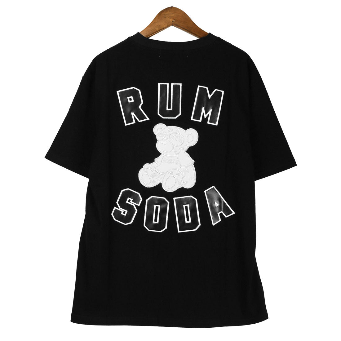 ラグスタイル LUXSTYLE RUMSODA(ラムソーダ)天竺合皮アップリケ半袖Tシャツ/トップス カットソー メンズ ブランド バックプリント PUレザー 刺繍 ワッペン (ブラック) ブラック
