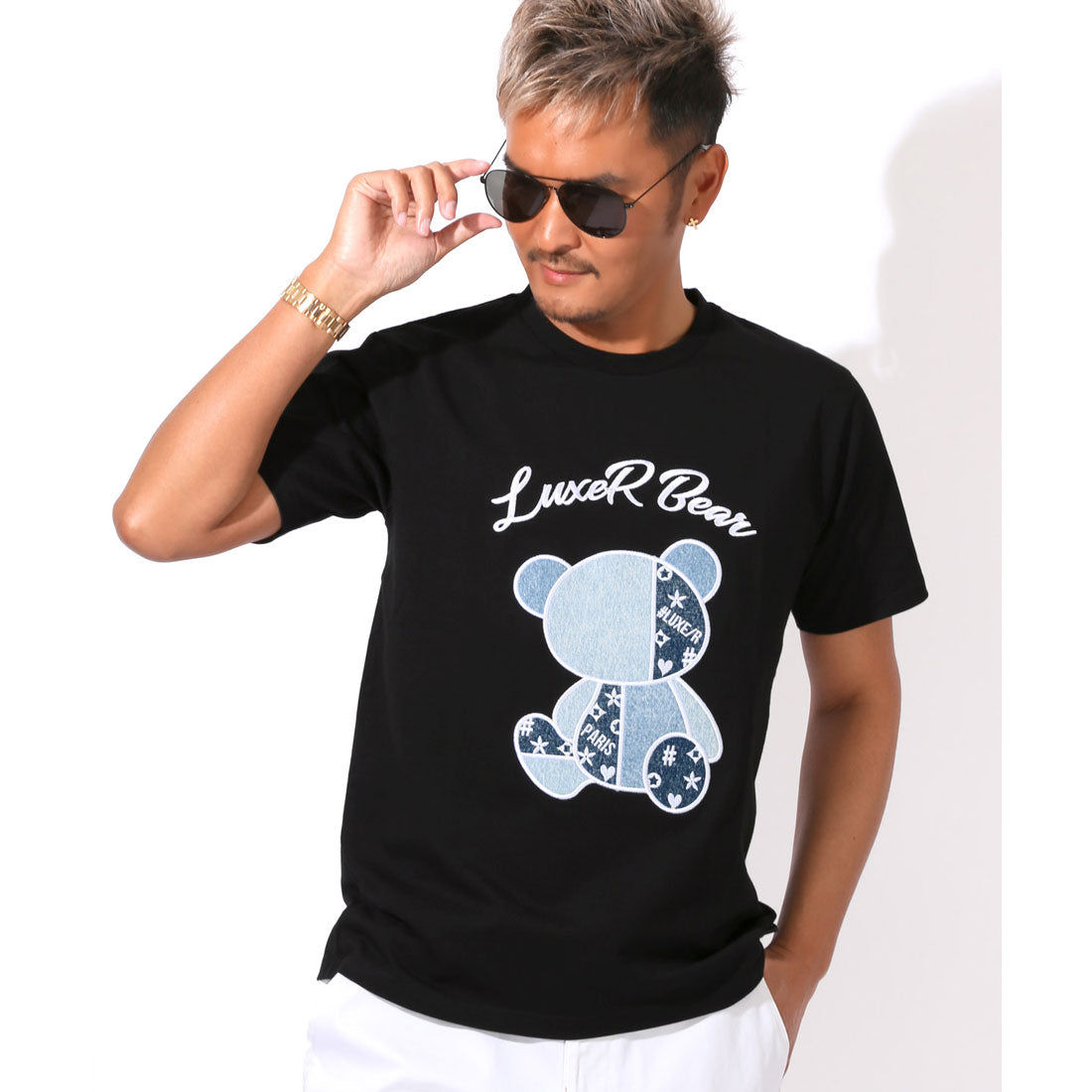 ラグスタイル LUXSTYLE LUXE/R(ラグジュ)デニムベア半袖Tシャツ/トップス カットソー メンズ ブランド 刺繍 ワッペン アップリケ デニム パッチワーク 切替 天竺 (ホワイト) ホワイト