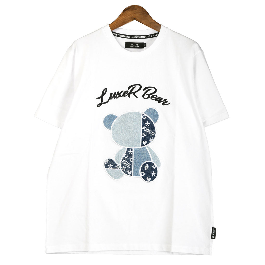 ラグスタイル LUXSTYLE LUXE/R(ラグジュ)デニムベア半袖Tシャツ/トップス カットソー メンズ ブランド 刺繍 ワッペン アップリケ デニム パッチワーク 切替 天竺 (ホワイト) ホワイト