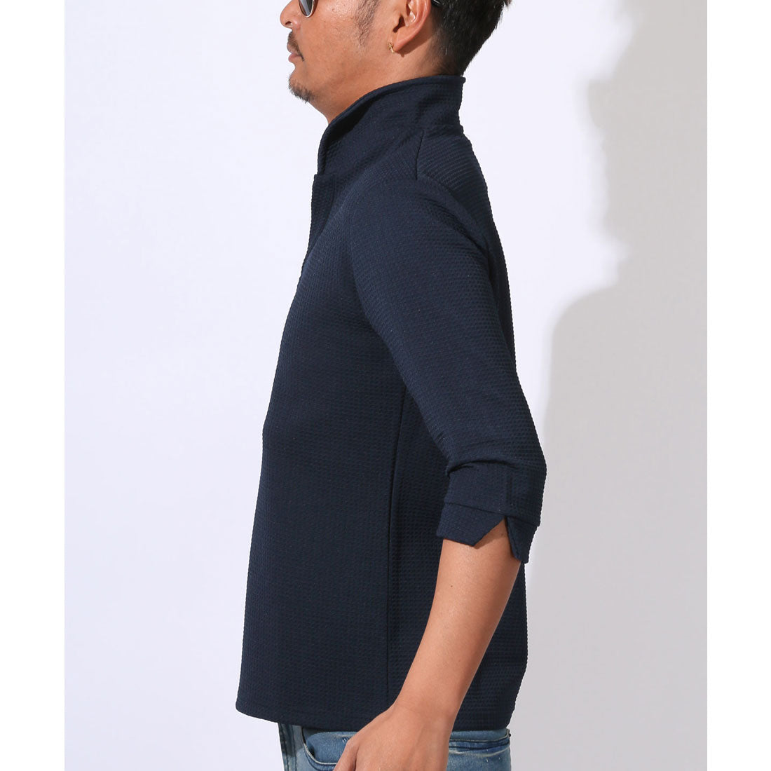 ラグスタイル LUXSTYLE ふくれワッフル柄イタリアンカラー7分袖ポロシャツ/七分 イタリアンカラー 立ち襟 スタンドカラー ワイヤーカラー スキッパー ワッフル ハニカム (ホワイト) ホワイト