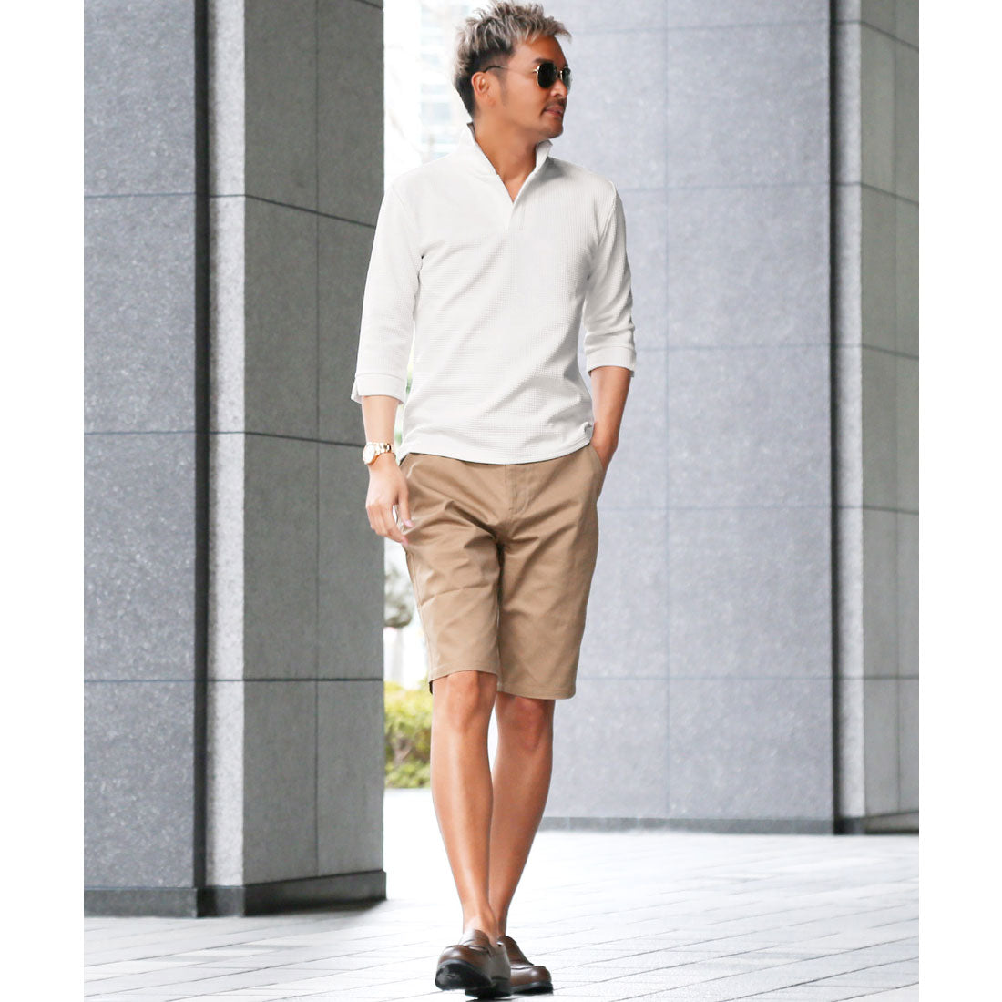 ラグスタイル LUXSTYLE ふくれワッフル柄イタリアンカラー7分袖ポロシャツ/七分 イタリアンカラー 立ち襟 スタンドカラー ワイヤーカラー スキッパー ワッフル ハニカム (ホワイト) ホワイト