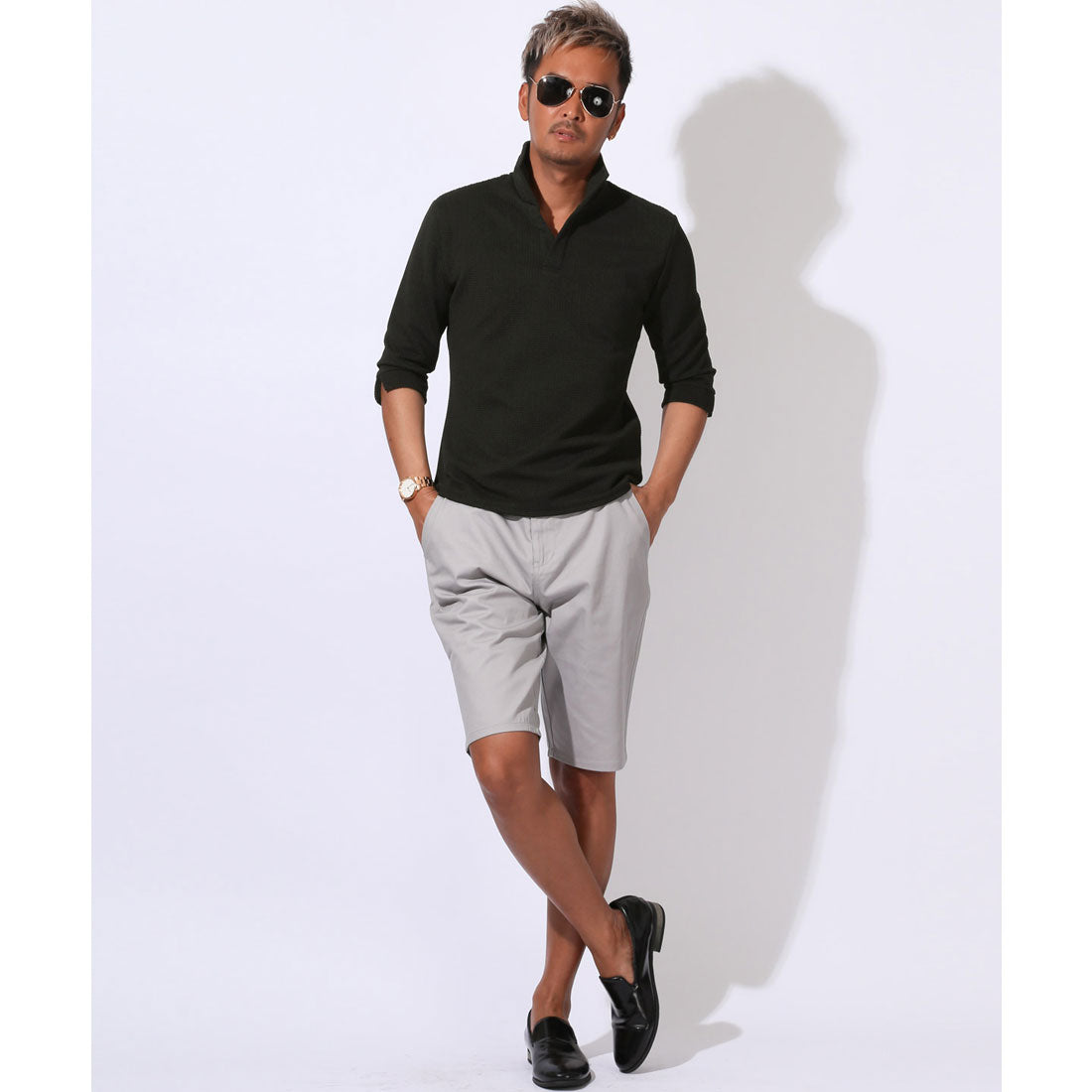 ラグスタイル LUXSTYLE ふくれワッフル柄イタリアンカラー7分袖ポロシャツ/七分 イタリアンカラー 立ち襟 スタンドカラー ワイヤーカラー スキッパー ワッフル ハニカム (ホワイト) ホワイト