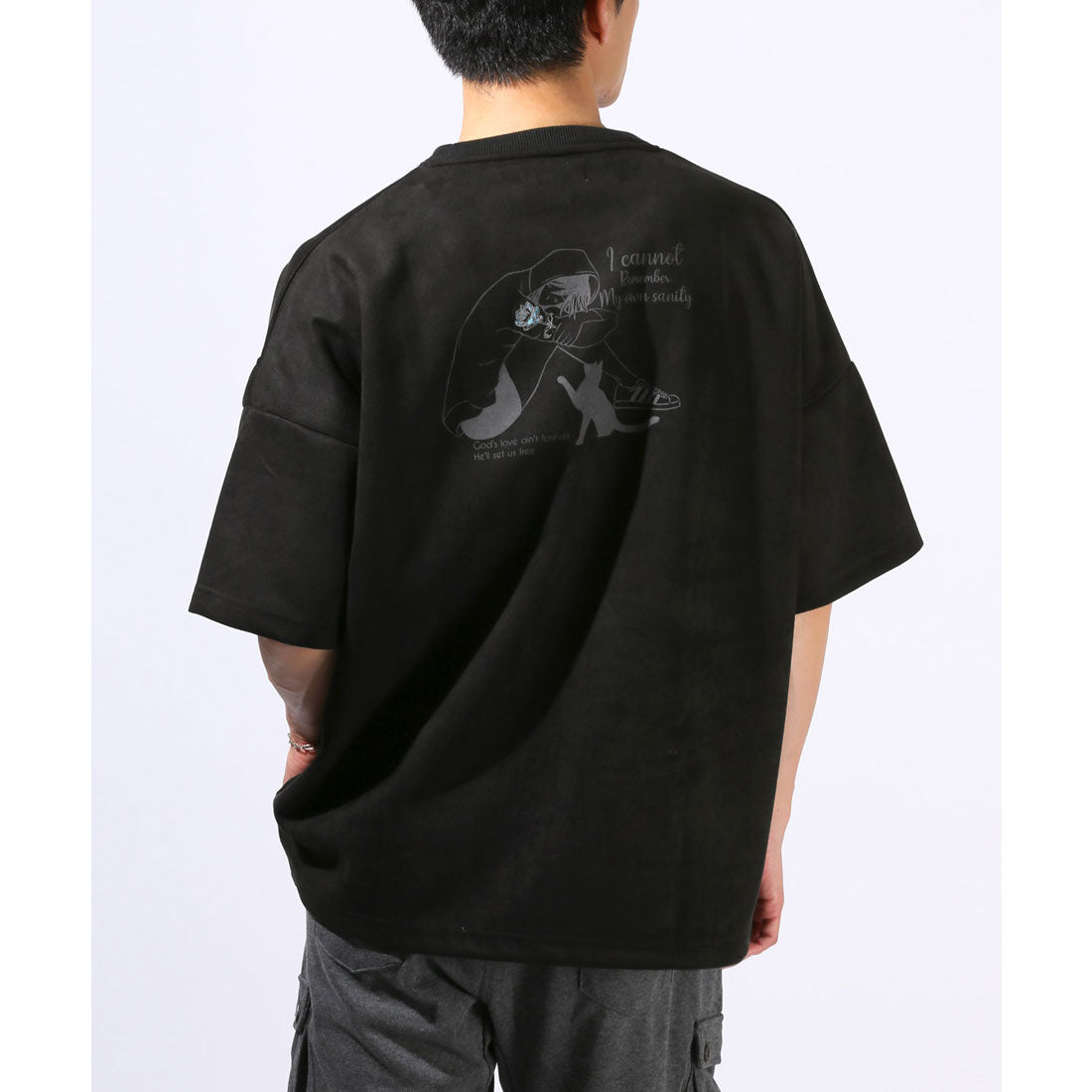 ラグスタイル LUXSTYLE Girls&Catスエード半袖Tシャツ/スエード フェイクスエード 刺繍 バックプリント ワンポイント Girls Cat 女の子 ガール ネコ 猫 大きいサイズ (ブラック) ブラック