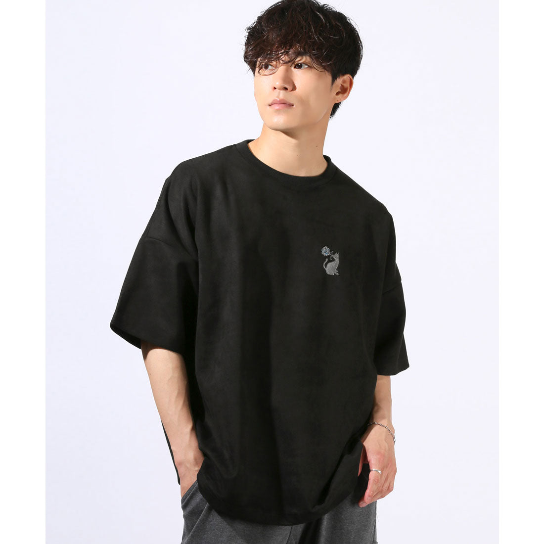 ラグスタイル LUXSTYLE Girls&Catスエード半袖Tシャツ/スエード フェイクスエード 刺繍 バックプリント ワンポイント Girls Cat 女の子 ガール ネコ 猫 大きいサイズ (ブラック) ブラック