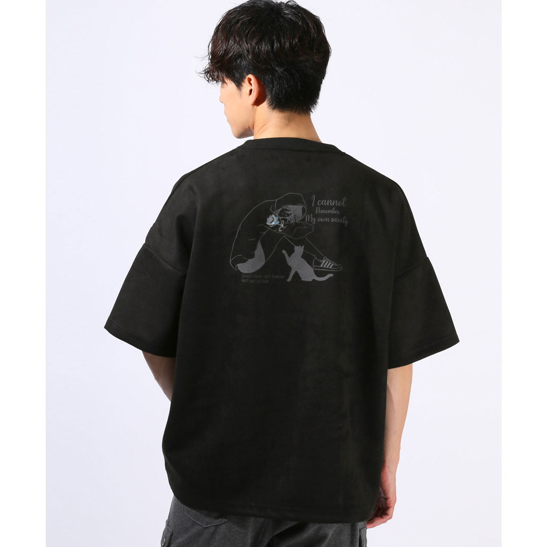 ラグスタイル LUXSTYLE Girls&Catスエード半袖Tシャツ/スエード フェイクスエード 刺繍 バックプリント ワンポイント Girls Cat 女の子 ガール ネコ 猫 大きいサイズ (ブラック) ブラック