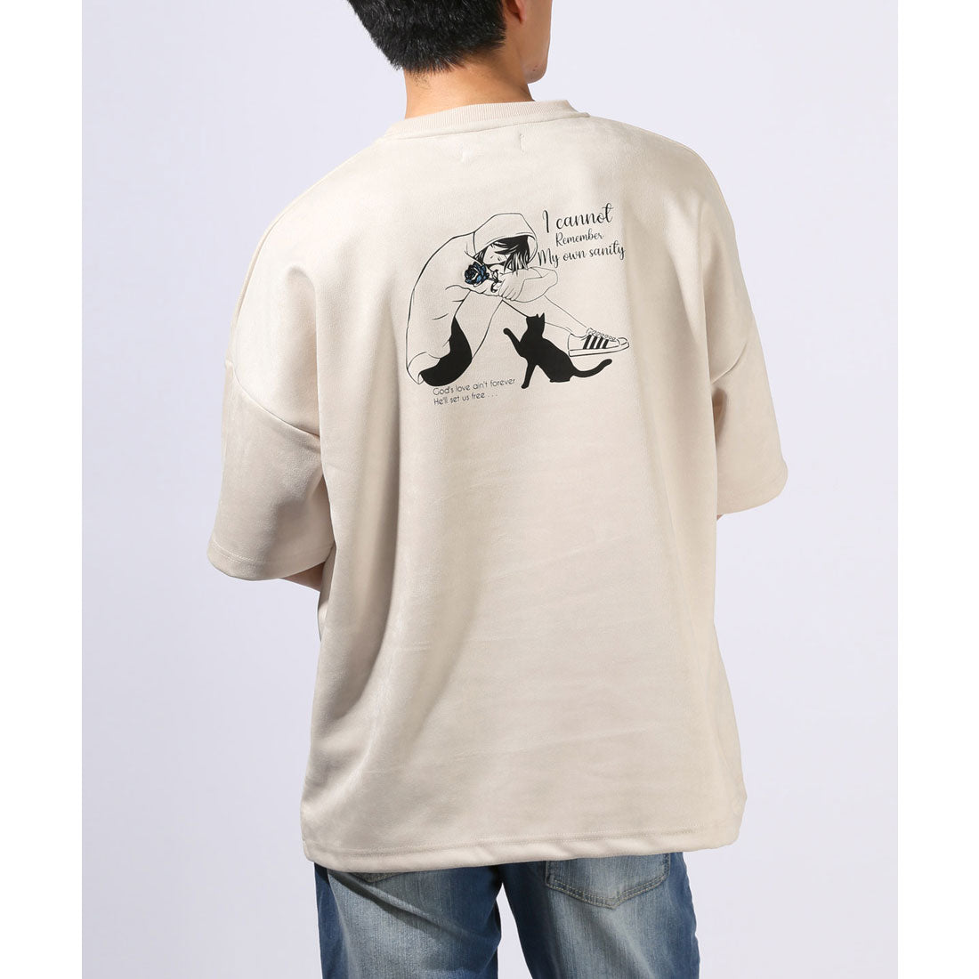 ラグスタイル LUXSTYLE Girls&Catスエード半袖Tシャツ/スエード フェイクスエード 刺繍 バックプリント ワンポイント Girls Cat 女の子 ガール ネコ 猫 大きいサイズ (オフホワイト) オフホワイト