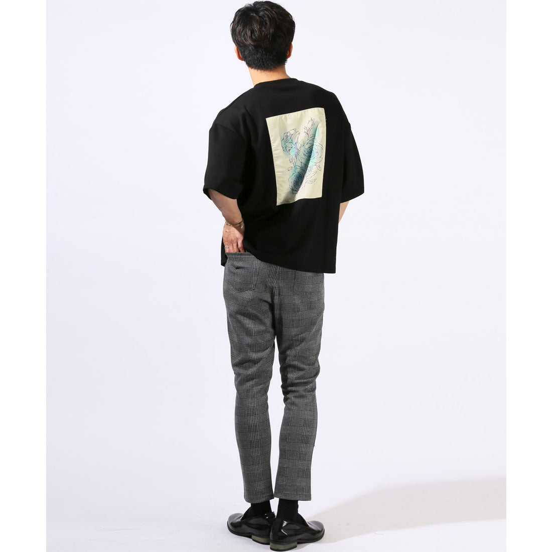 ラグスタイル LUXSTYLE フラワープリントバック貼り付けポンチTシャツ/トップス カットソー メンズ 接触冷感 クール とろみ バックプリント ポンチ ロゴ 薔薇 フラワー プリント (ブラック) ブラック