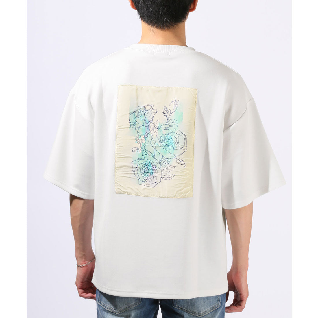 ラグスタイル LUXSTYLE フラワープリントバック貼り付けポンチTシャツ/トップス カットソー メンズ 接触冷感 クール とろみ バックプリント ポンチ ロゴ 薔薇 フラワー プリント (ブラック) ブラック