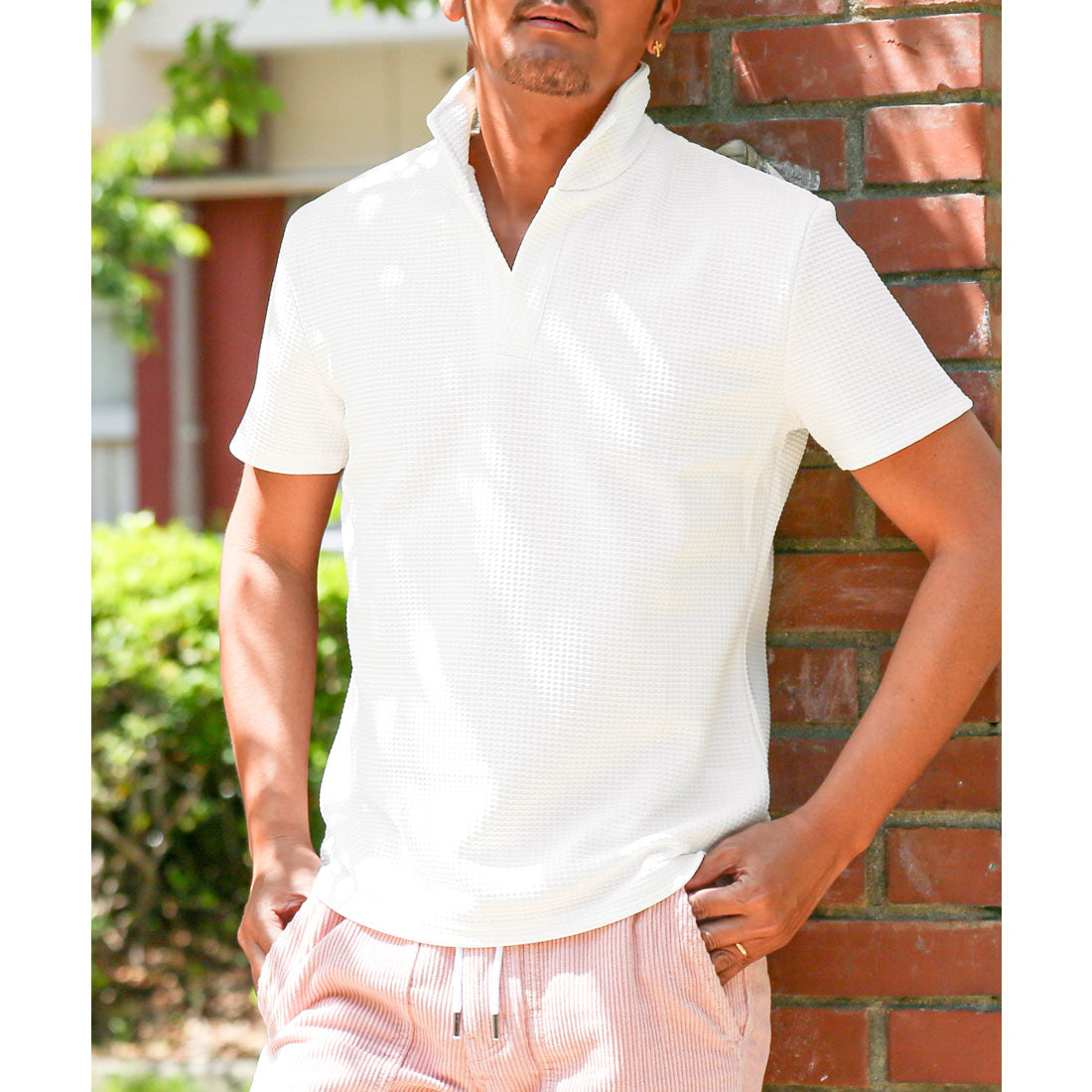 ラグスタイル LUXSTYLE ふくれワッフル柄イタリアンカラー半袖ポロシャツ/半袖 ふくれ ワッフル 無地 イタリアンカラー スタンドカラー ワイヤー入り 立ち襟 ストレッチ 細身 (ホワイト) ホワイト