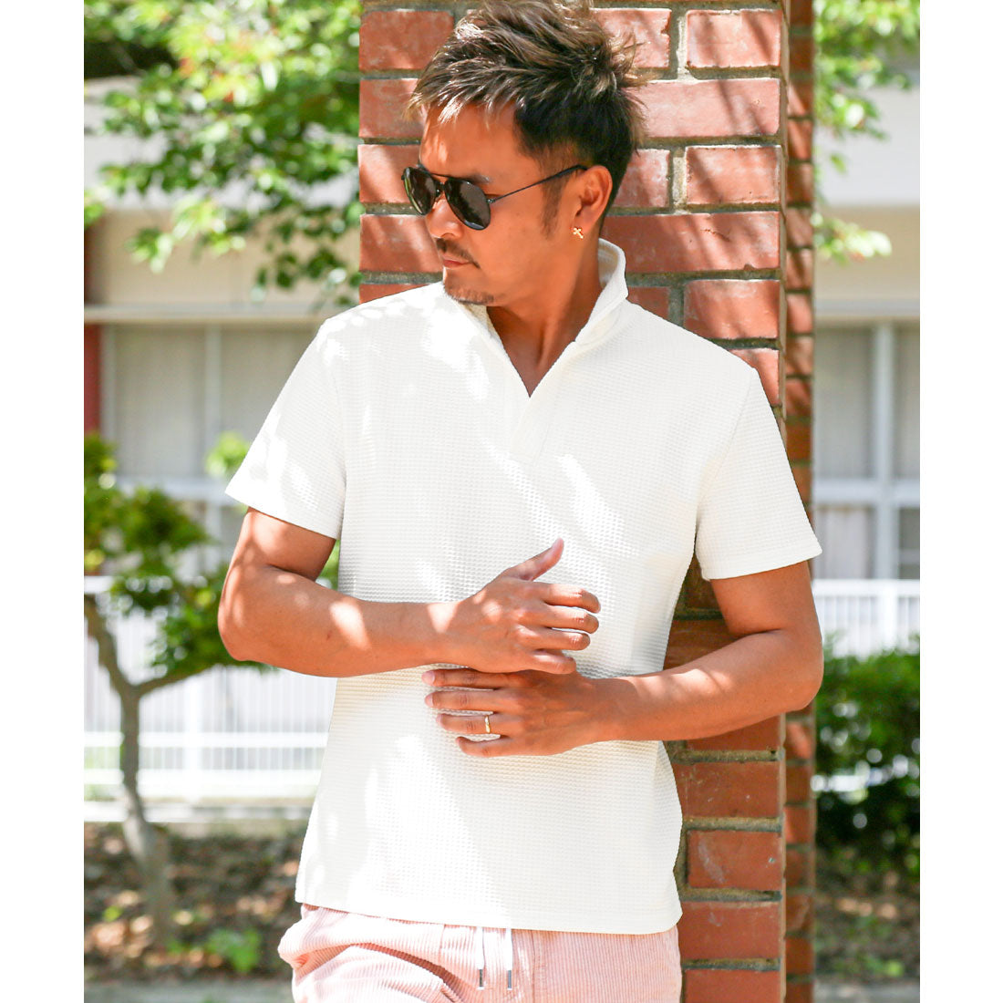 ラグスタイル LUXSTYLE ふくれワッフル柄イタリアンカラー半袖ポロシャツ/半袖 ふくれ ワッフル 無地 イタリアンカラー スタンドカラー ワイヤー入り 立ち襟 ストレッチ 細身 (ホワイト) ホワイト