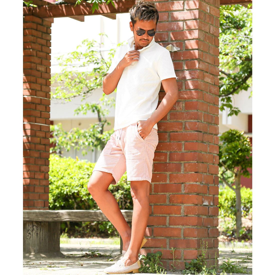 ラグスタイル LUXSTYLE ふくれワッフル柄イタリアンカラー半袖ポロシャツ/半袖 ふくれ ワッフル 無地 イタリアンカラー スタンドカラー ワイヤー入り 立ち襟 ストレッチ 細身 (ホワイト) ホワイト