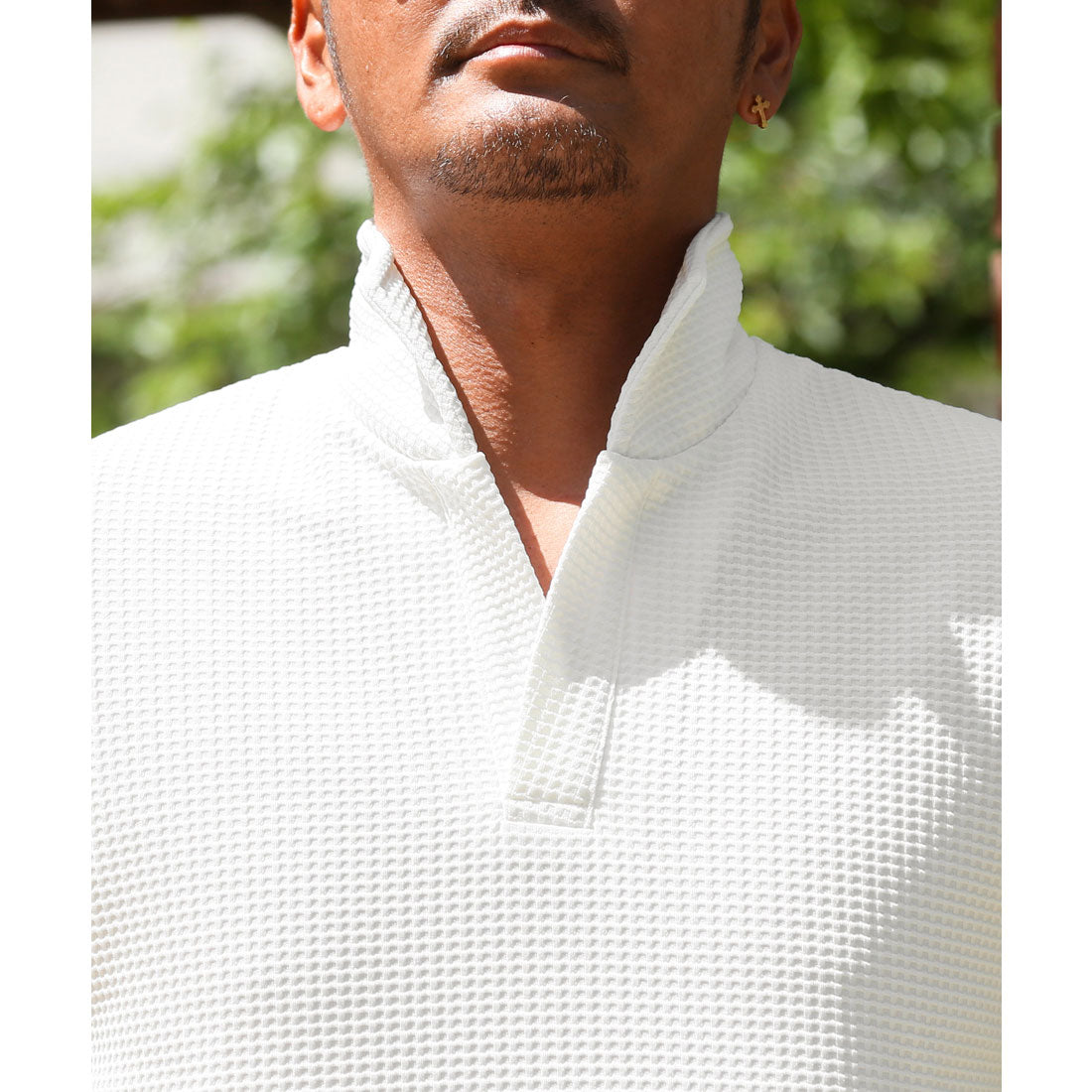 ラグスタイル LUXSTYLE ふくれワッフル柄イタリアンカラー半袖ポロシャツ/半袖 ふくれ ワッフル 無地 イタリアンカラー スタンドカラー ワイヤー入り 立ち襟 ストレッチ 細身 (ホワイト) ホワイト