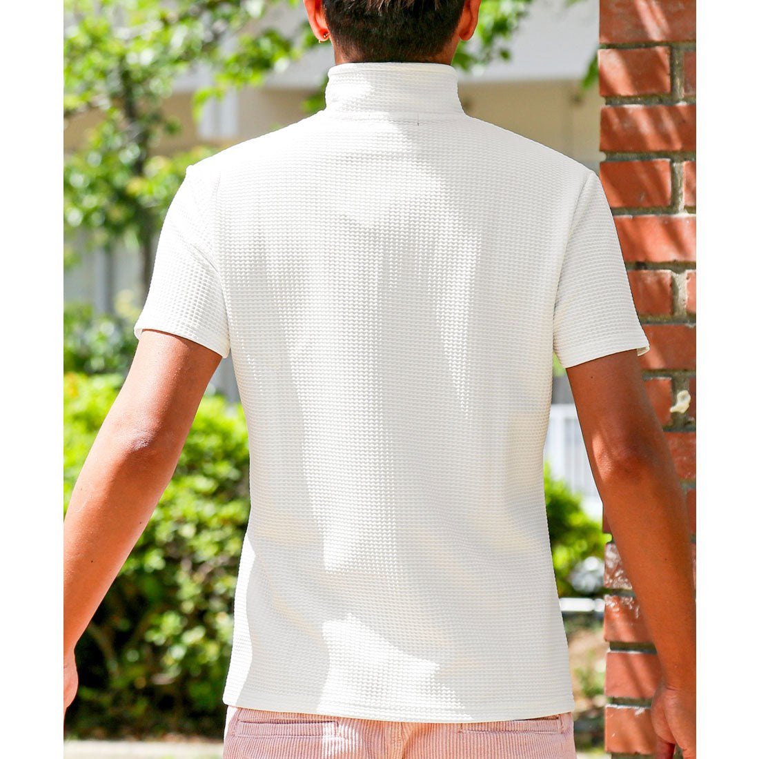 ラグスタイル LUXSTYLE ふくれワッフル柄イタリアンカラー半袖ポロシャツ/半袖 ふくれ ワッフル 無地 イタリアンカラー スタンドカラー ワイヤー入り 立ち襟 ストレッチ 細身 (ホワイト) ホワイト