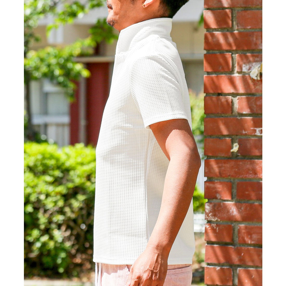 ラグスタイル LUXSTYLE ふくれワッフル柄イタリアンカラー半袖ポロシャツ/半袖 ふくれ ワッフル 無地 イタリアンカラー スタンドカラー ワイヤー入り 立ち襟 ストレッチ 細身 (ホワイト) ホワイト