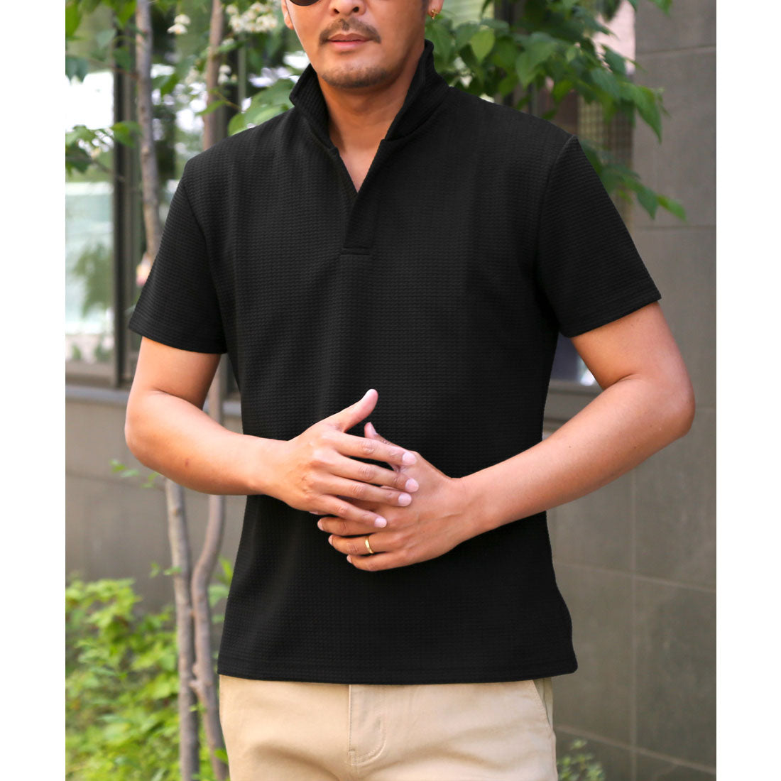ラグスタイル LUXSTYLE ふくれワッフル柄イタリアンカラー半袖ポロシャツ/半袖 ふくれ ワッフル 無地 イタリアンカラー スタンドカラー ワイヤー入り 立ち襟 ストレッチ 細身 (ブラック) ブラック