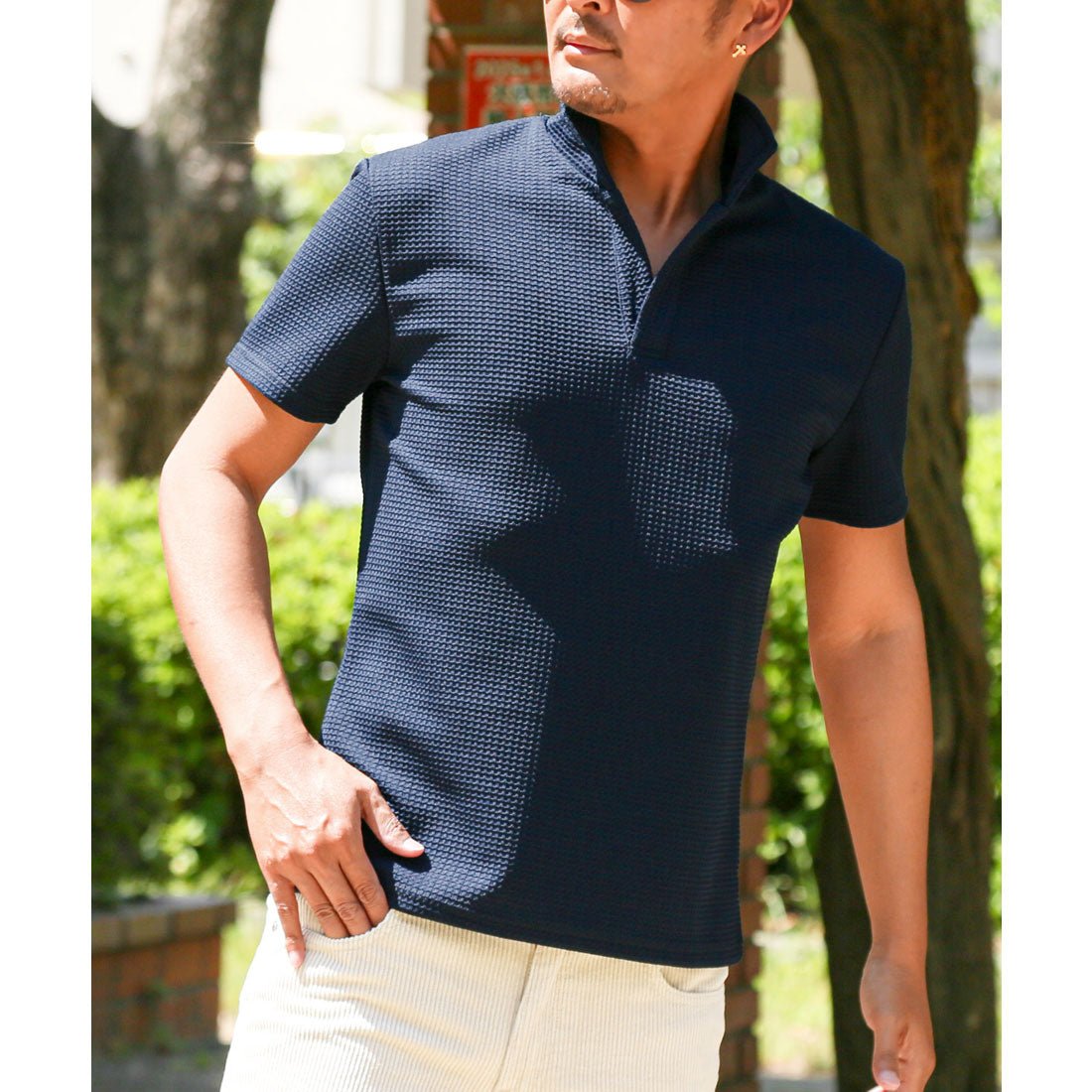 ラグスタイル LUXSTYLE ふくれワッフル柄イタリアンカラー半袖ポロシャツ/半袖 ふくれ ワッフル 無地 イタリアンカラー スタンドカラー ワイヤー入り 立ち襟 ストレッチ 細身 (ネイビー) ネイビー